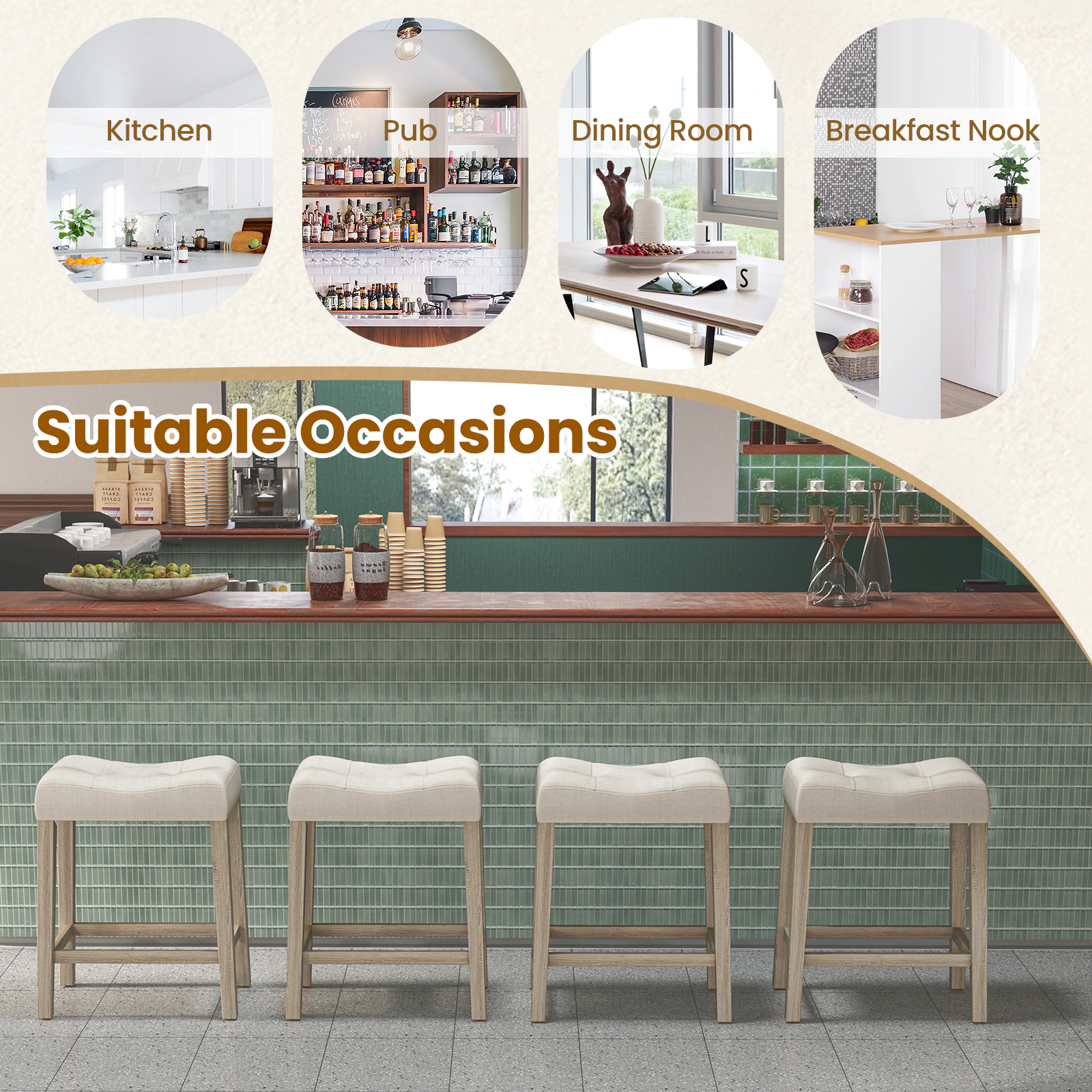SUGIFT Set of 2 Upholstered Counter Height Bar Stools Curved Saddle Seat 330-lb Capacity 24-in Tall Light Gray/Brown