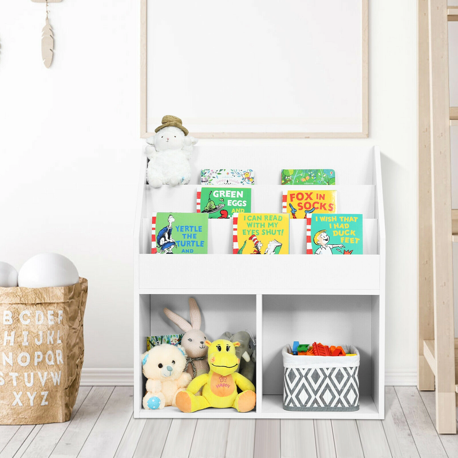 SUGIFT Kids Tiered Front-Facing Display Shelves Wooden Toy Storage Bookcase 29-in x 12-in x 32-in 33-lb Shelf White