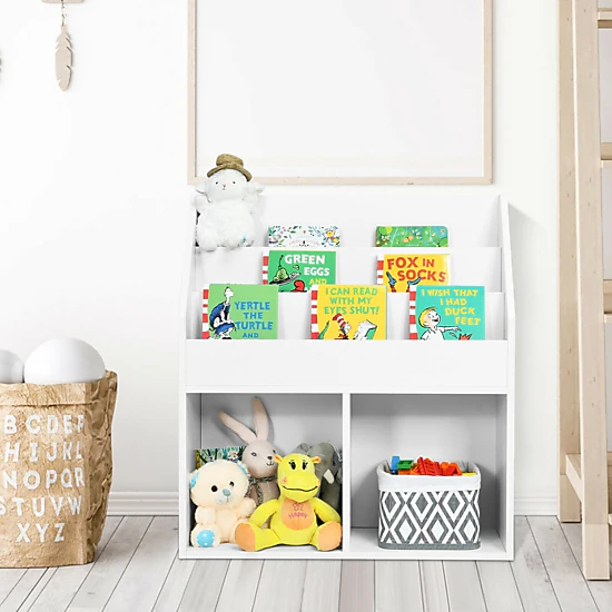 SUGIFT Kids Tiered Front-Facing Display Shelves Wooden Toy Storage Bookcase 29-in x 12-in x 32-in 33-lb Shelf White