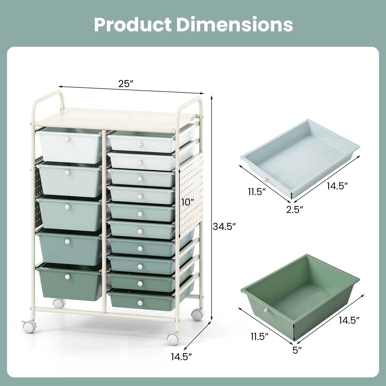SUGIFT 15-Drawer Rolling Storage Cart with Metal Tabletop and Pegboard 34.5-in Tall Green