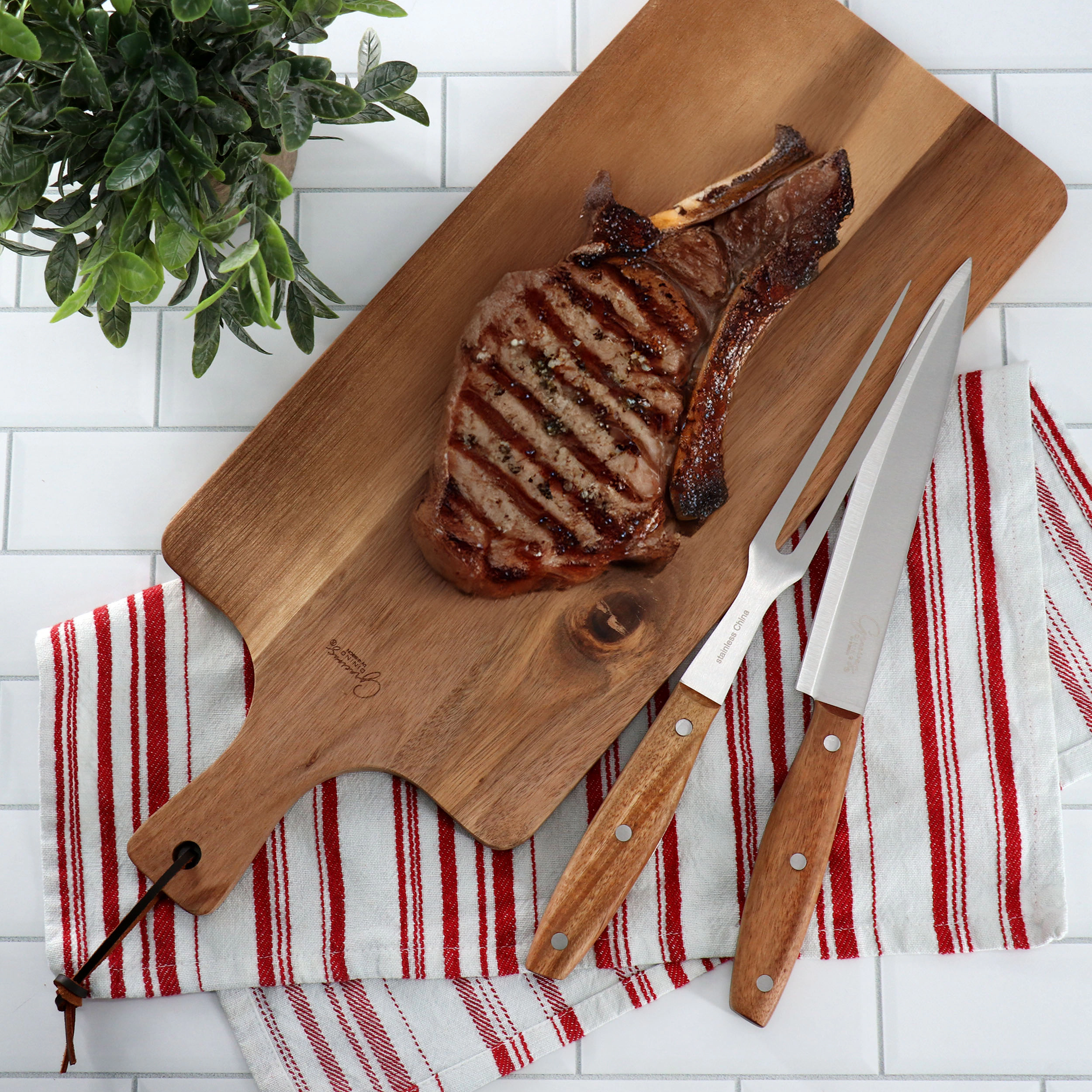 Gibson Elite 3 Piece Acacia Wood Serving Board with Carving Knife and Fork in Brown