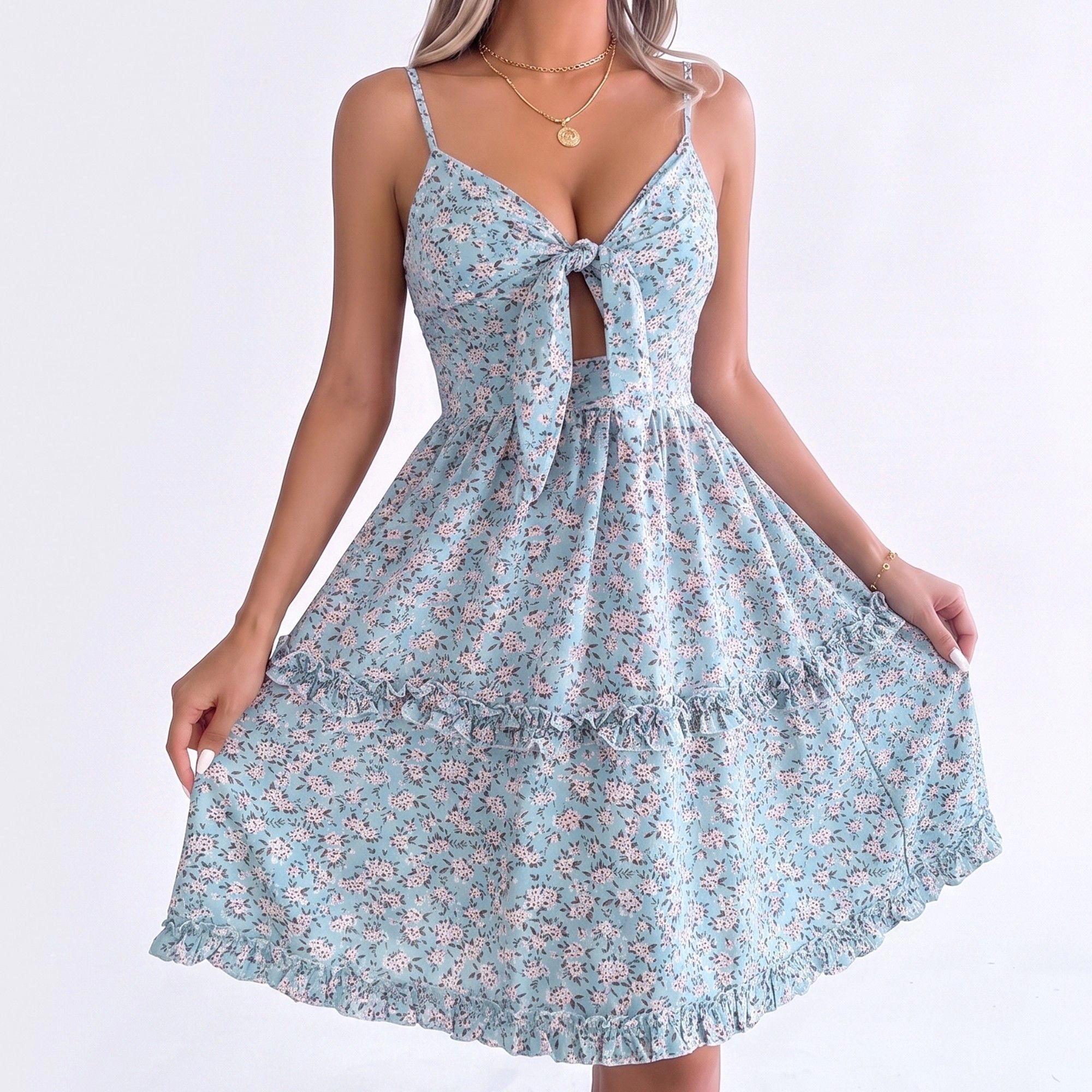 Anna-Kaci Women's Floral Tie Front Cutout Smocked Ruffle Tiered Dress