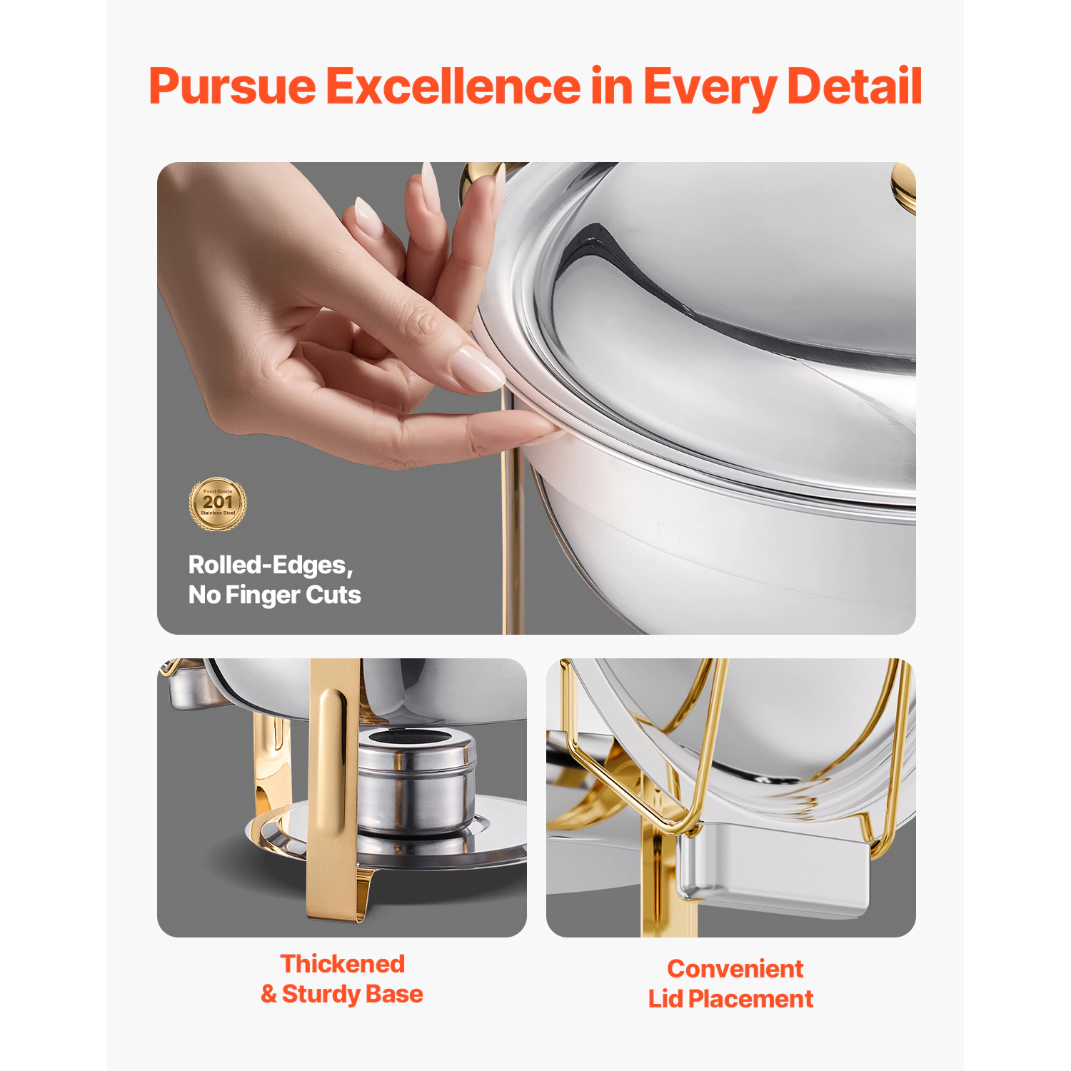 HONGGE Chafing Dish Buffet Set Stainless Steel Chafer with Full Pans Round Catering Warmer Server Lid Water