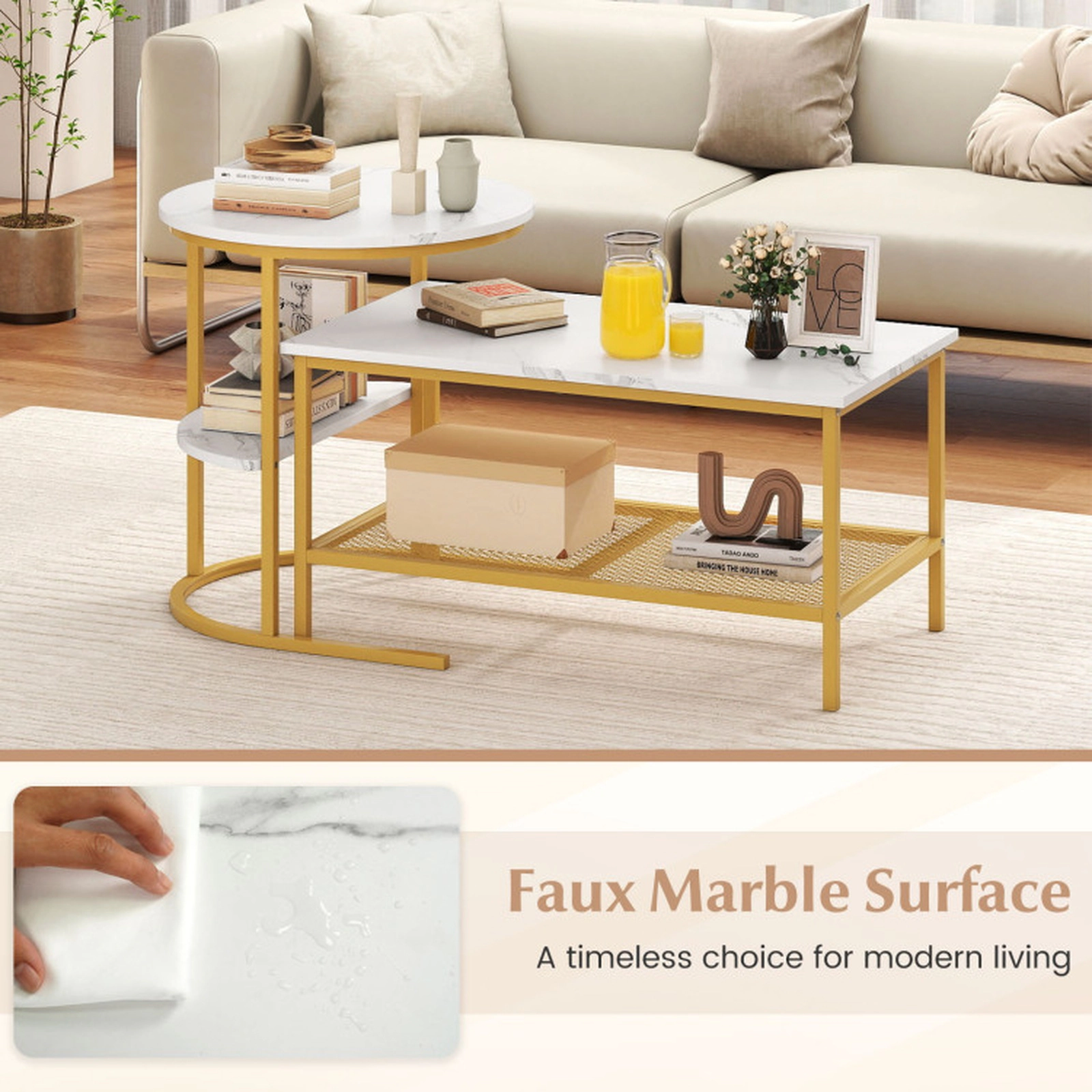 SUGIFT 2-Piece Faux Marble Top Rectangle Coffee and Round Side Table Set 31.5-in x 18-in 100-lb Capacity White