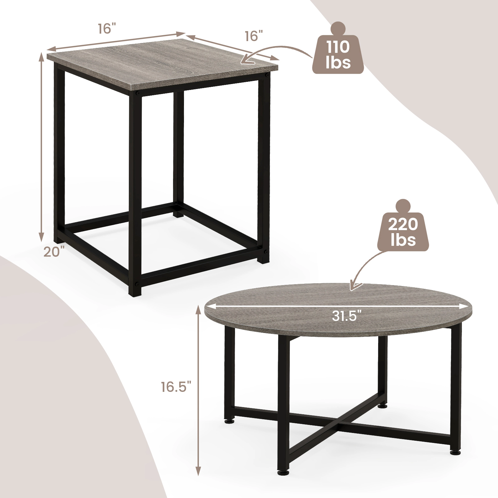 Hivvago 3-Piece Coffee Table Set Round Coffee Table and 2PCS Square End Tables