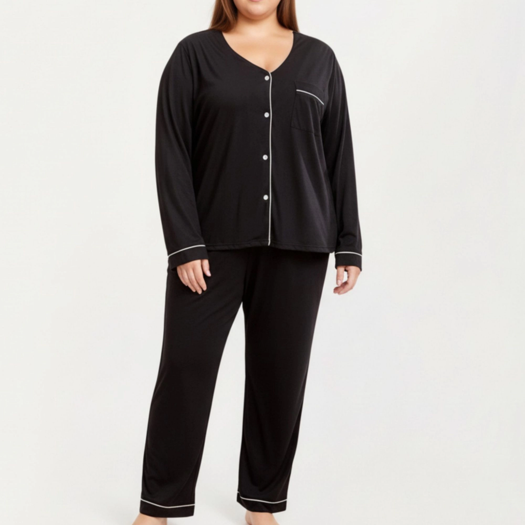 Anna-Kaci Women's 2-Piece Long Sleeve Button Front Pajama Top and Matching Relaxed Pants with Clean Piped Edging