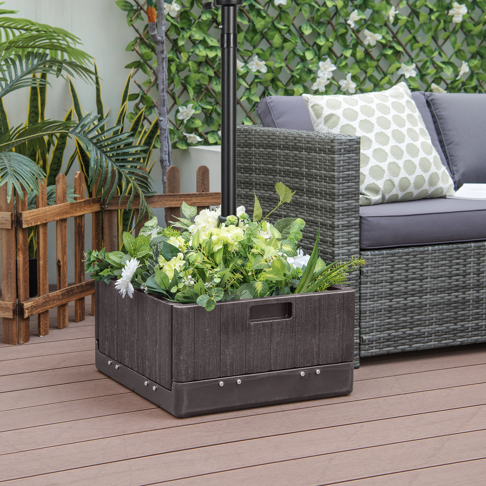 SUGIFT Black 175-lb 3-in-1 Fillable Patio Umbrella Base with Wheels Planter Box and Table Tray for Deck