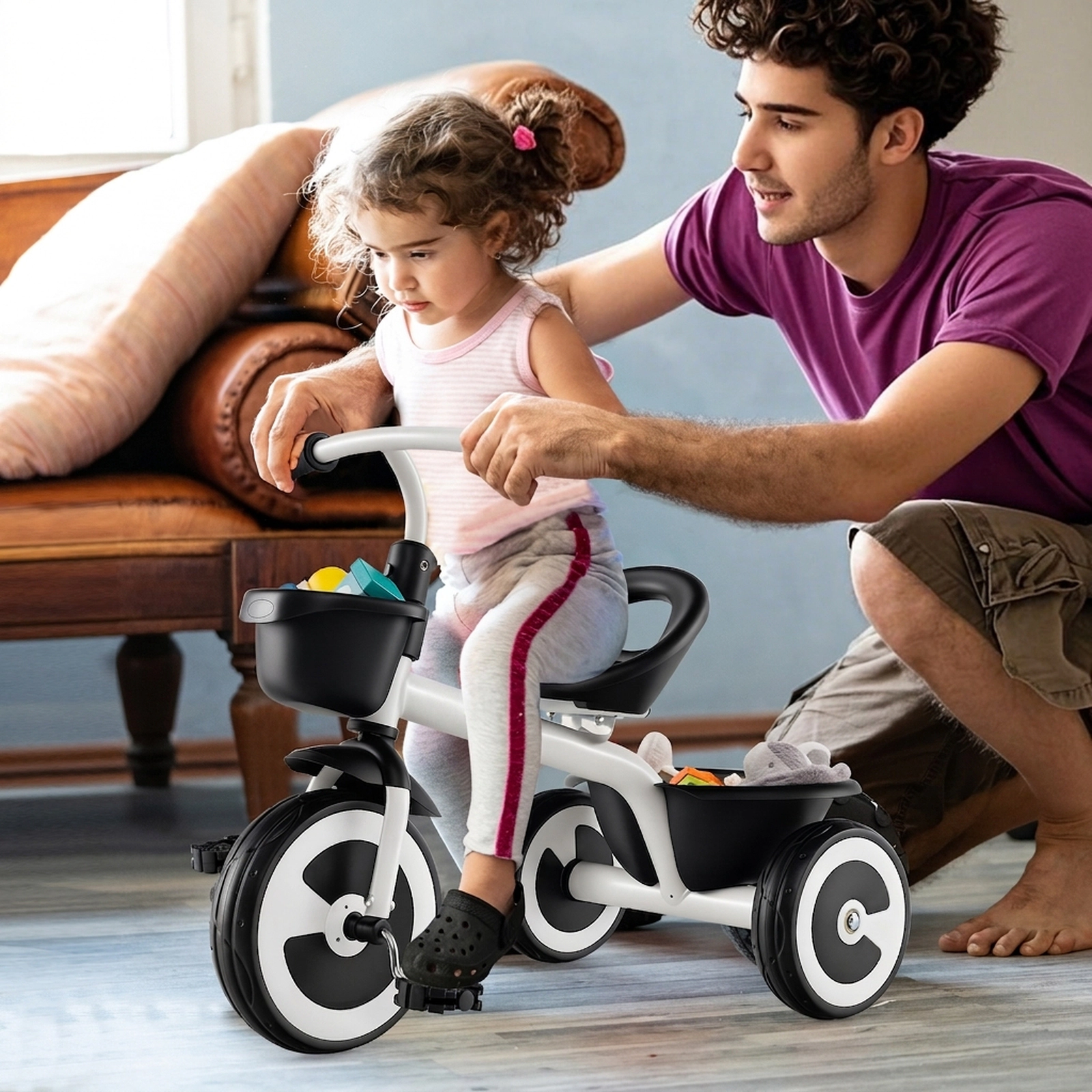Toddler Tricycle with Front and Rear Baskets 110-Degree Steering Limit and Adjustable Seat for 1.5-5 Years Kids Trike
