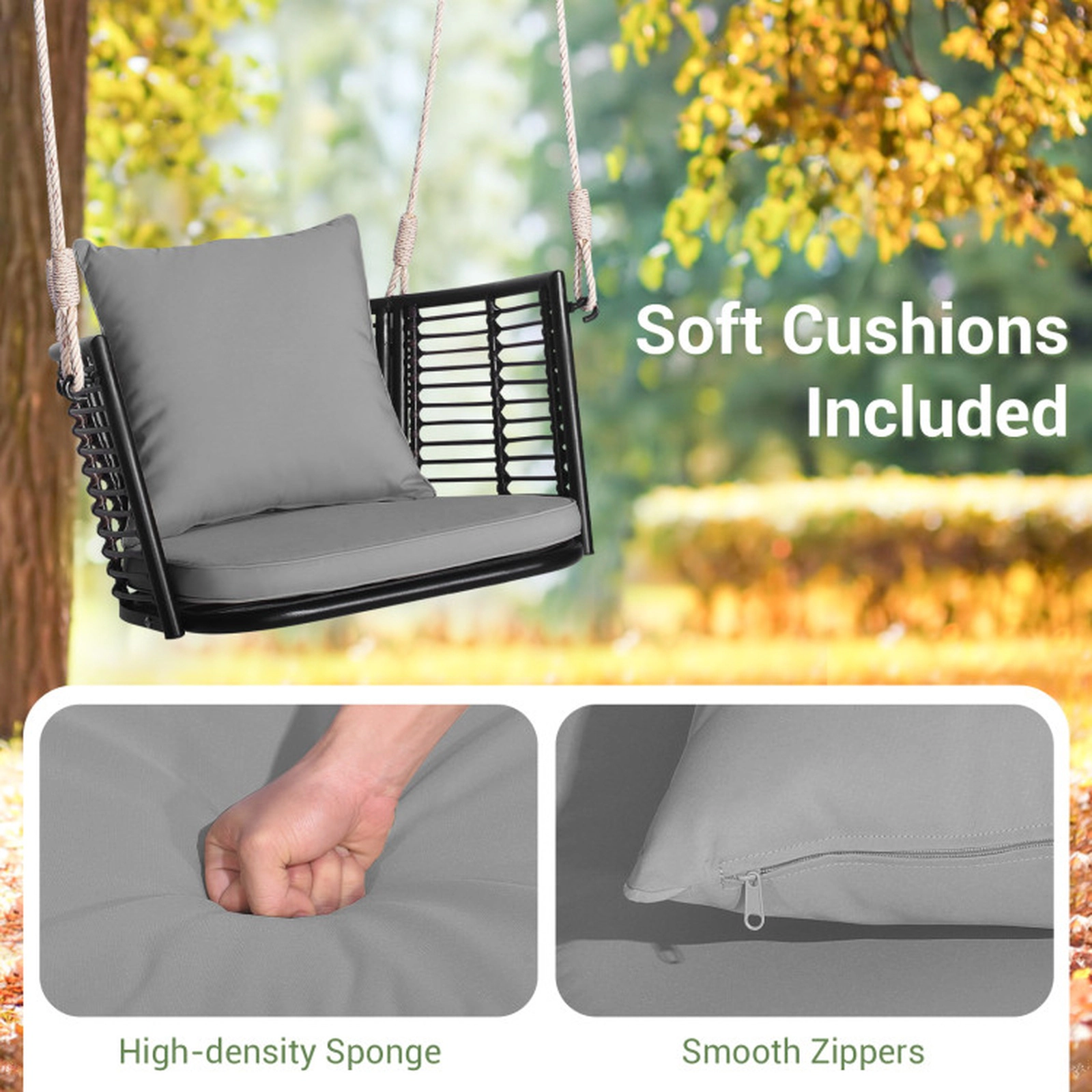 SUGIFT Gray Woven Rattan Backrest and Cushions Single Person Hanging Swing Seat