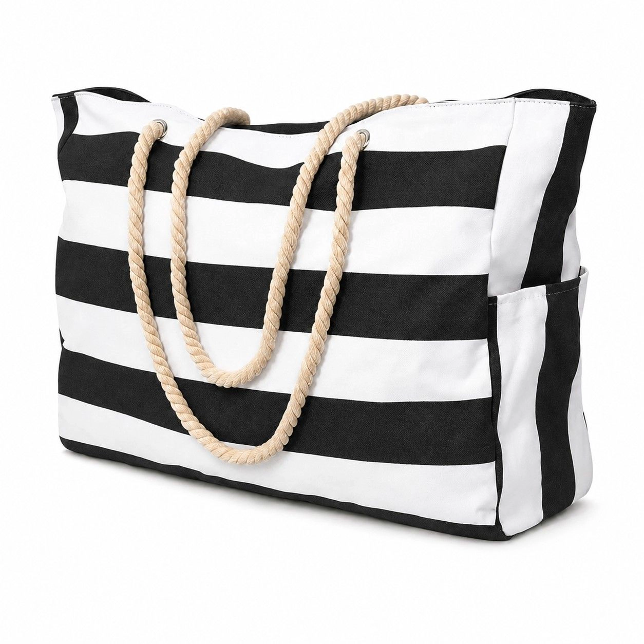 Alilang Women's Striped Beach Tote Bag with Zip Closure Rope Handles and Side Pockets, Black