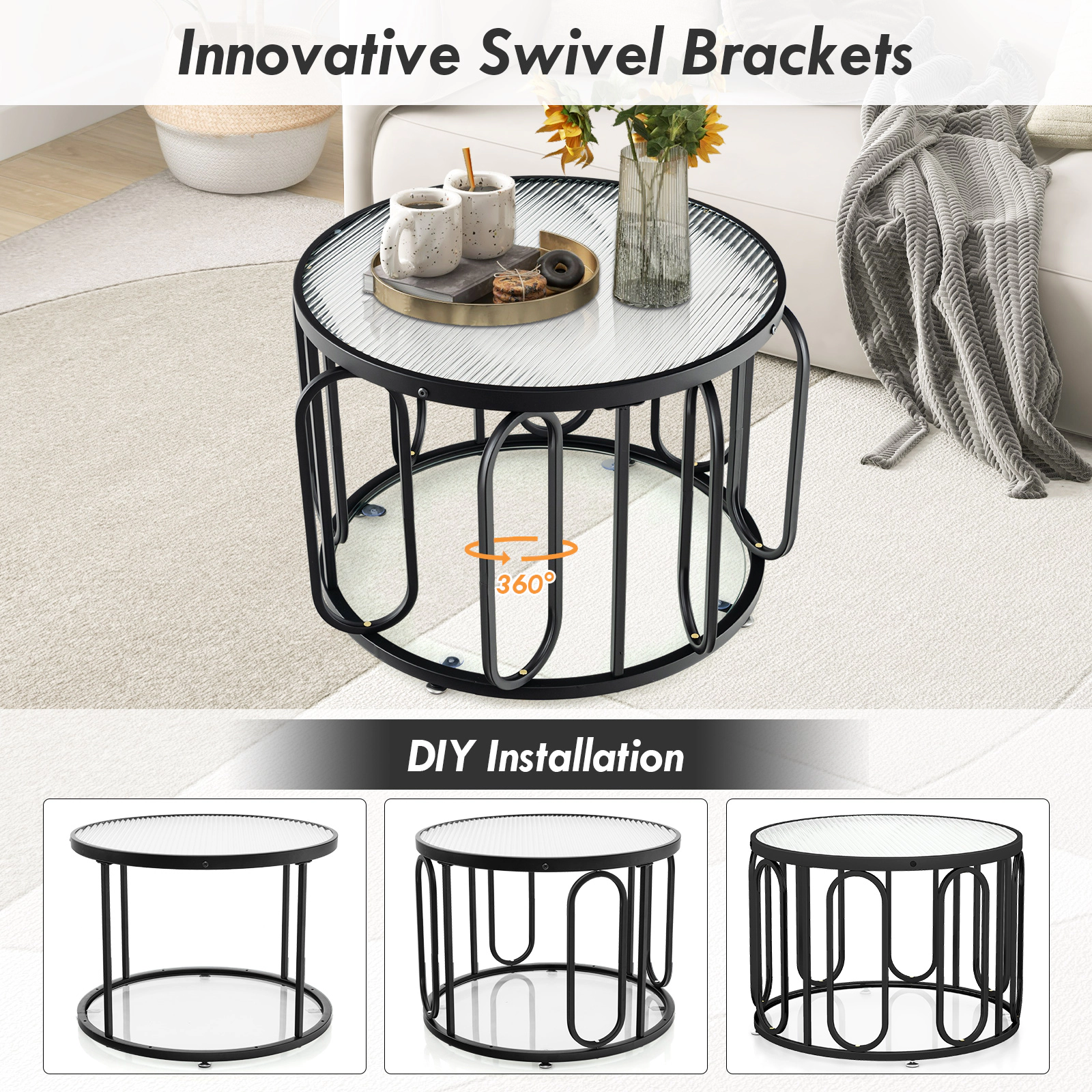SUGIFT 24-in Round 100-lb Capacity Black Coffee Table with Reeded Tempered Glass Top and Swivel Brackets
