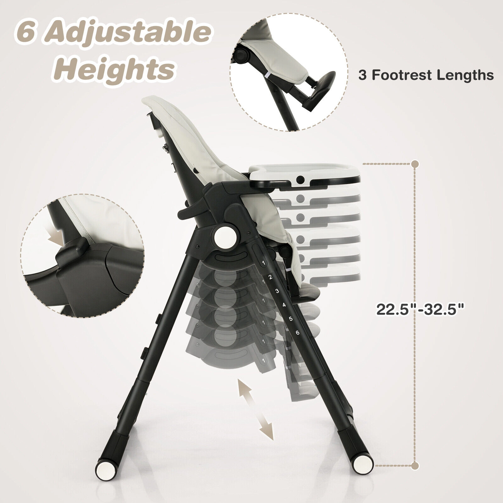 SUGIFT Gray 6 Adjustable Heights Aluminum Frame and Rolling Wheels 4-in-1 Baby High Chair