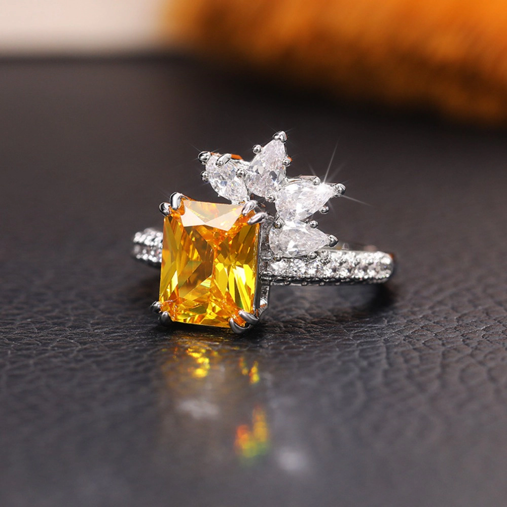 Citrine Flower Cocktail Ring Cubic Zirconia Promise Ring