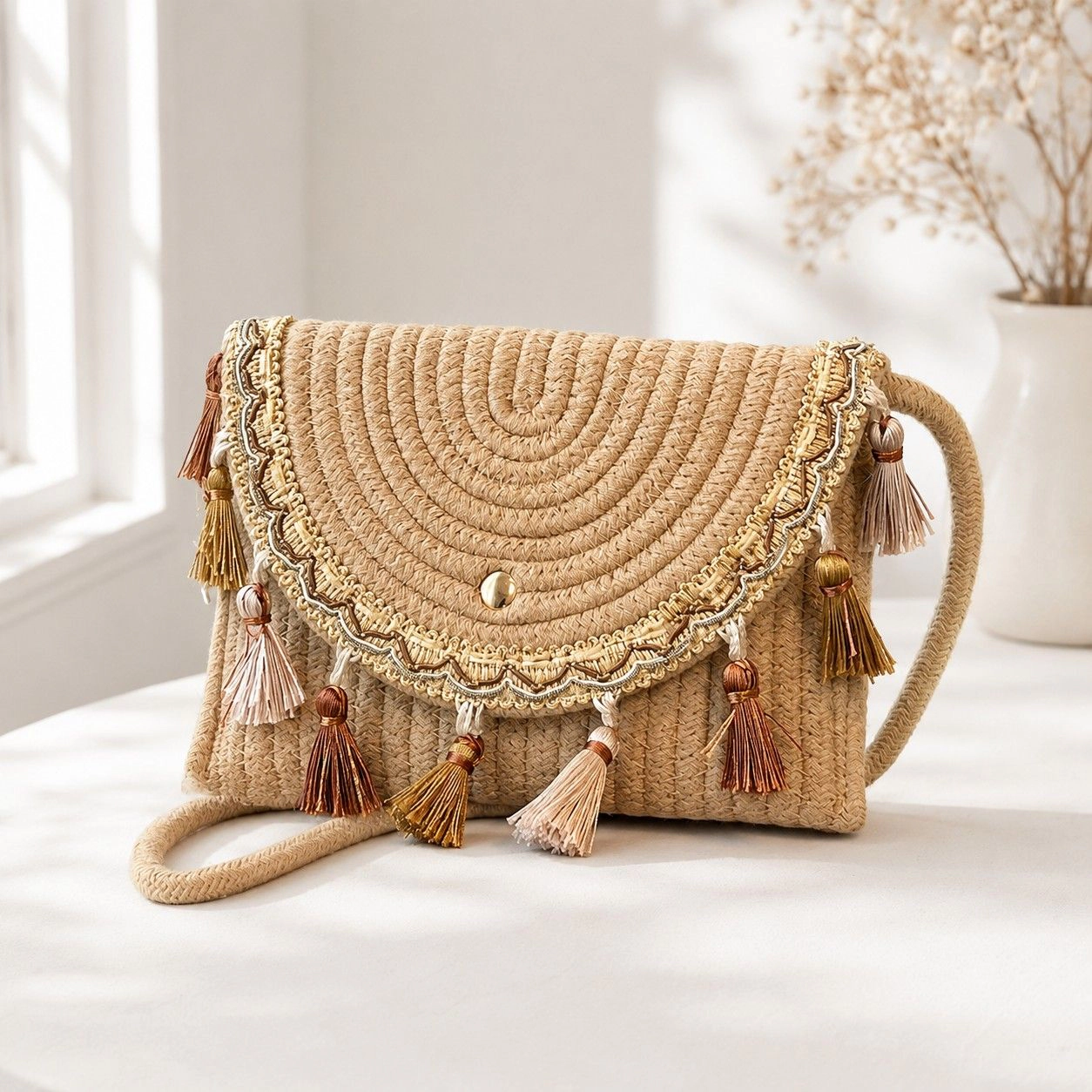 Alilang Women's Boho Woven Fabric Crossbody Bag with Tassel Trim and Magnetic Closure, Beige