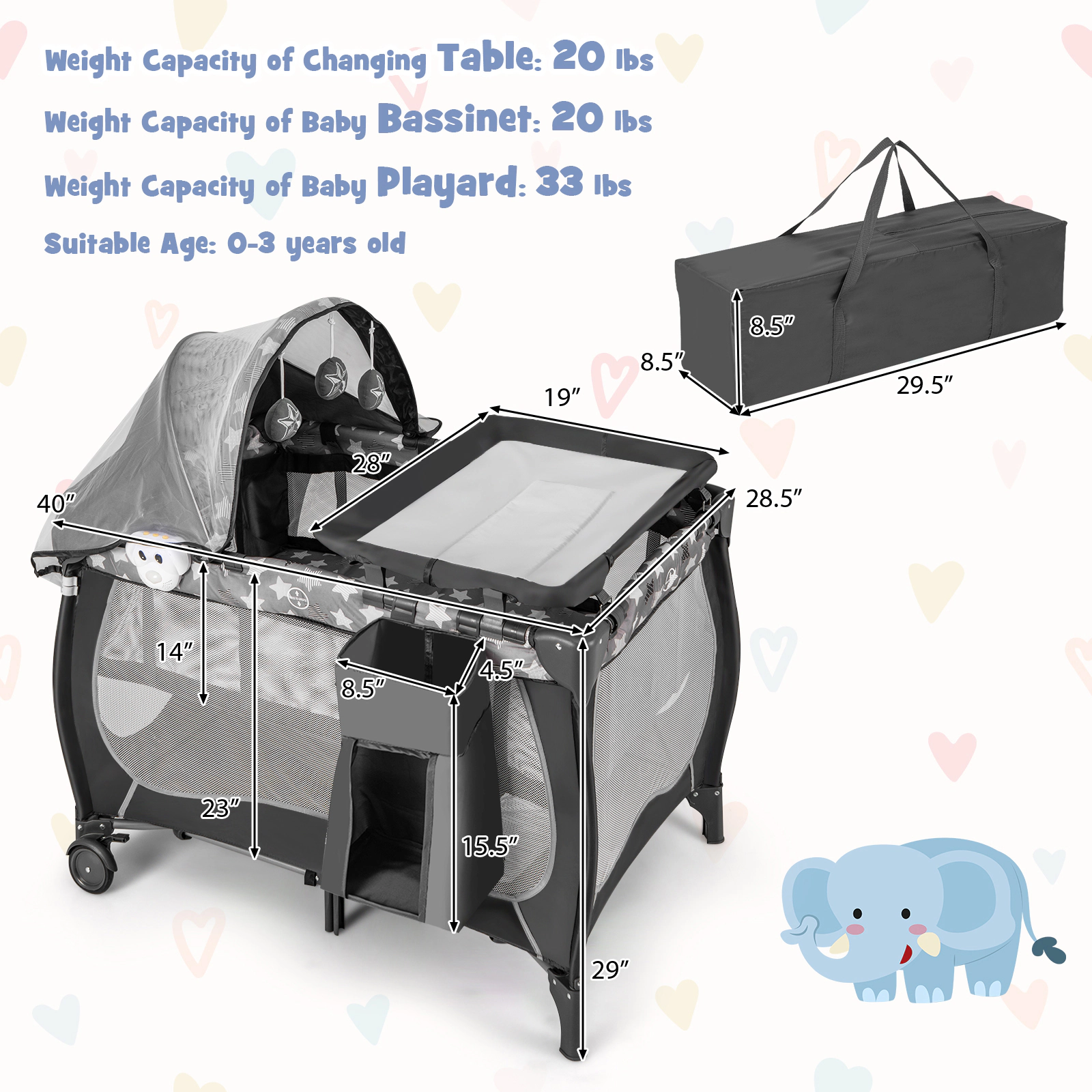 SUGIFT 4-in-1 Portable Baby Playard Playpen with Changing Table Bassinet Canopy Net and Music Box