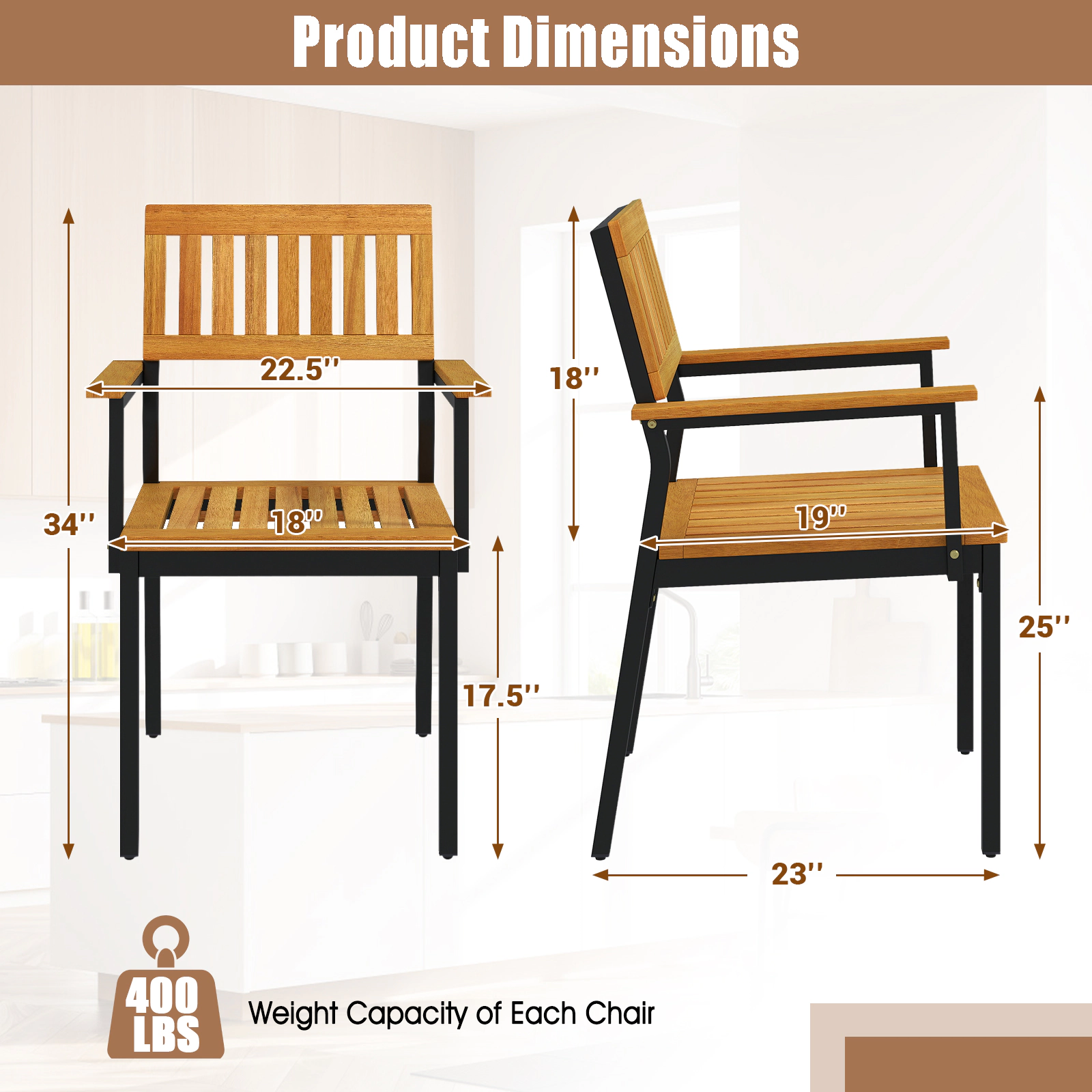 SUGIFT Solid Acacia Wood and Metal Patio Outdoor Dining Chair Set of 2 400-lb Capacity 22.5-in Wide Seat Natural+Black