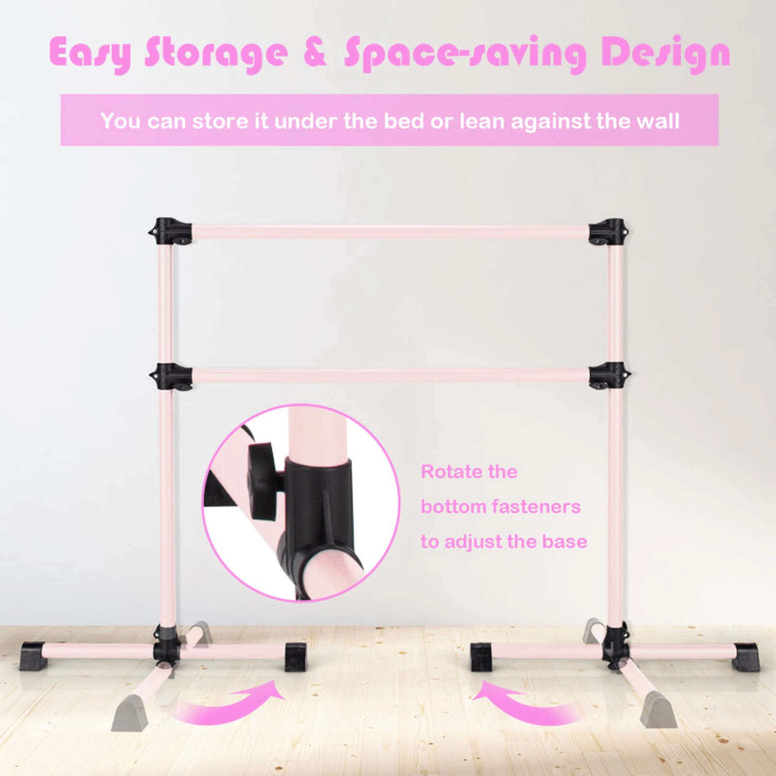 SUGIFT Pink 4-ft 220-lb Capacity 7-in to 46-in Height Adjustable Double Ballet Barre Bar with Anti-Skid Pads