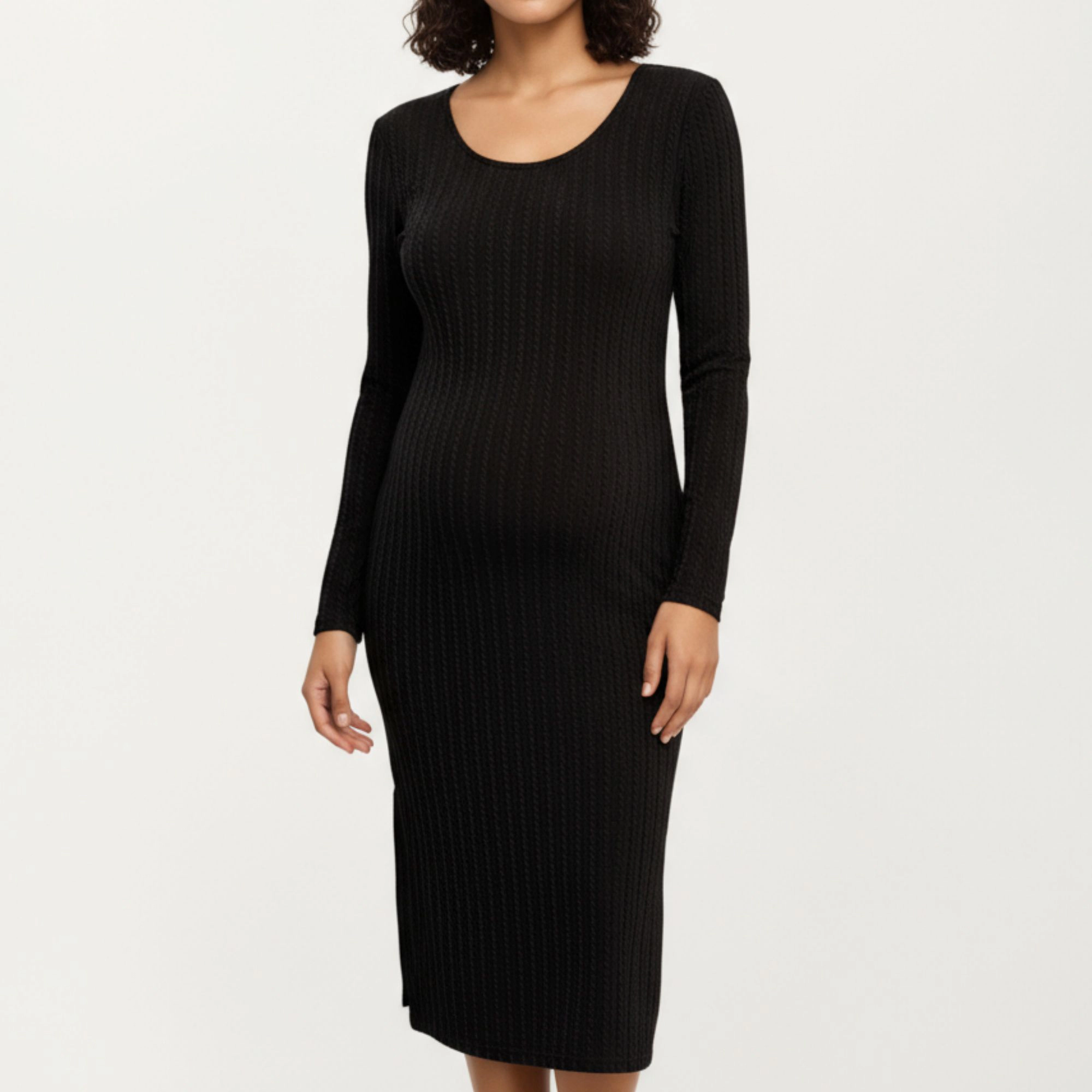 Anna-Kaci Women's Ribbed Knit Maternity Long Sleeves Scoop Neckline Stretch Fit Dress