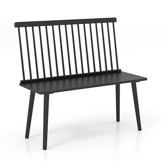 SUGIFT Entryway Bench Black Rubber Wood 2-Seat Bench with Removable Spindle Back