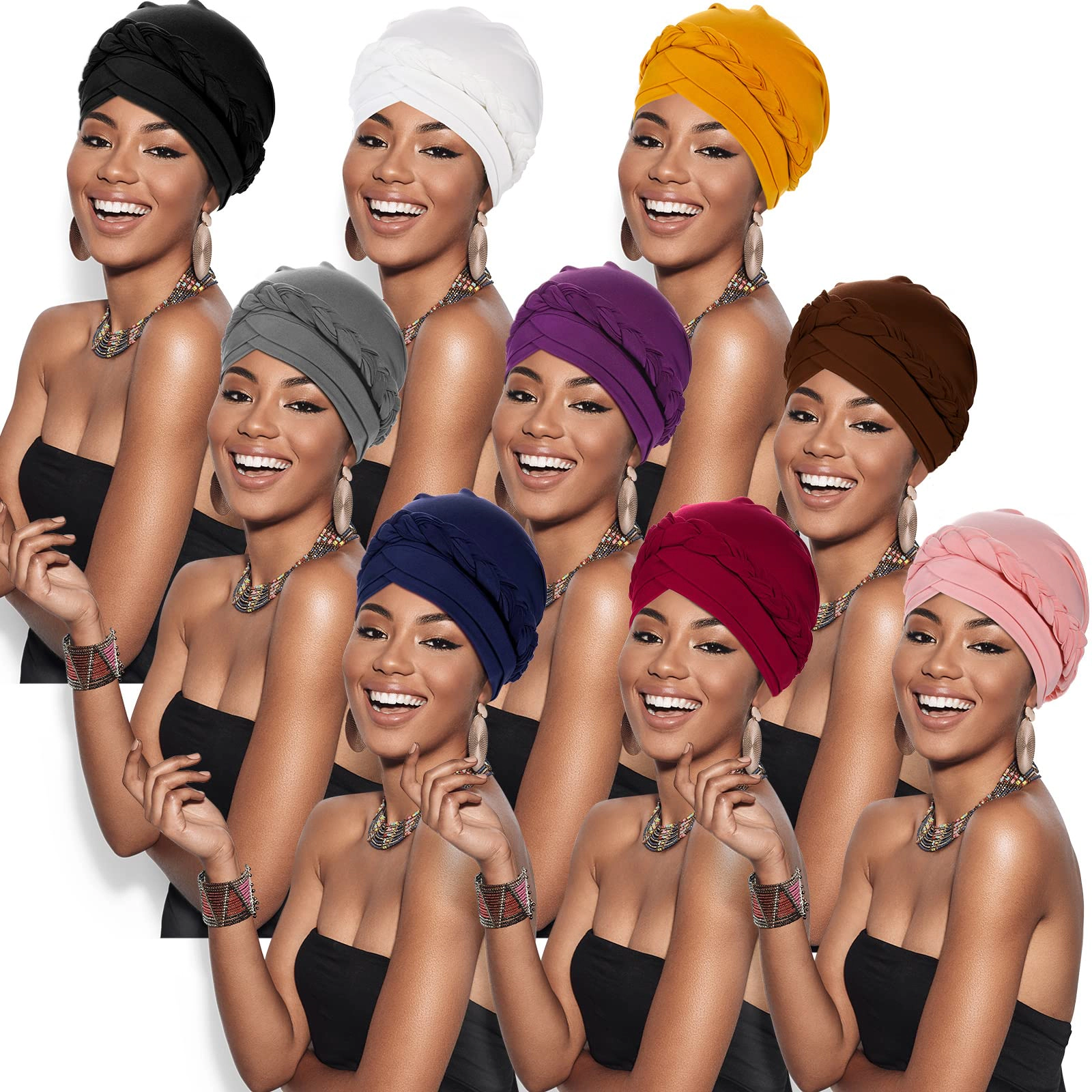 9 Pack Braid Turban Cap For Women Ethnic Bohemia Twisted Hair Cover Wrap Hat Pre Tied Bonnet Chemo