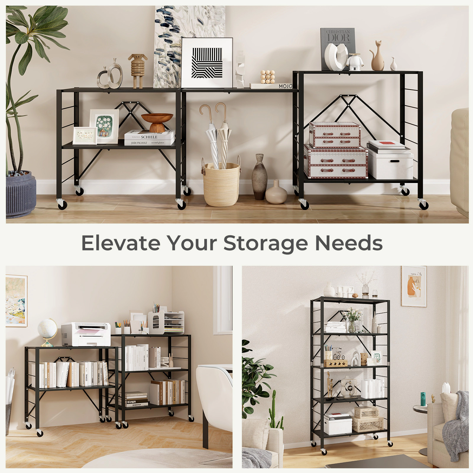 SUGIFT 5-Tier Black Foldable Storage Shelf with Wheels Expandable 19.5-in to 30-in for Garage and Kitchen