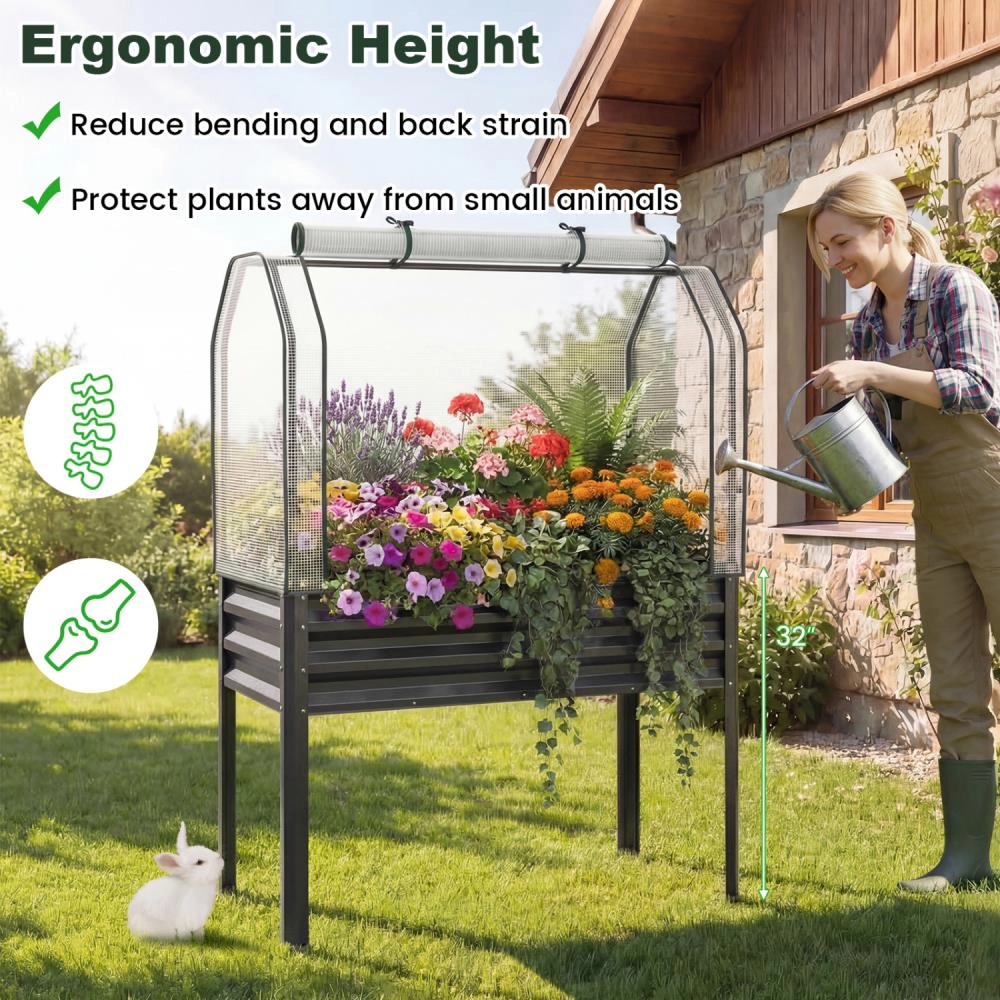 Hivvago Galvanized Raised Garden Bed with Legs and Greenhouse Cover for Vegetable Flower