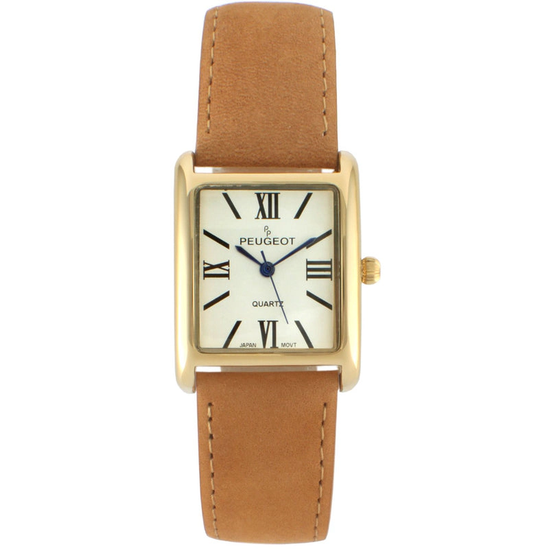 Peugeot Women's Tank Watch Roman Dial Brown Leather Strap