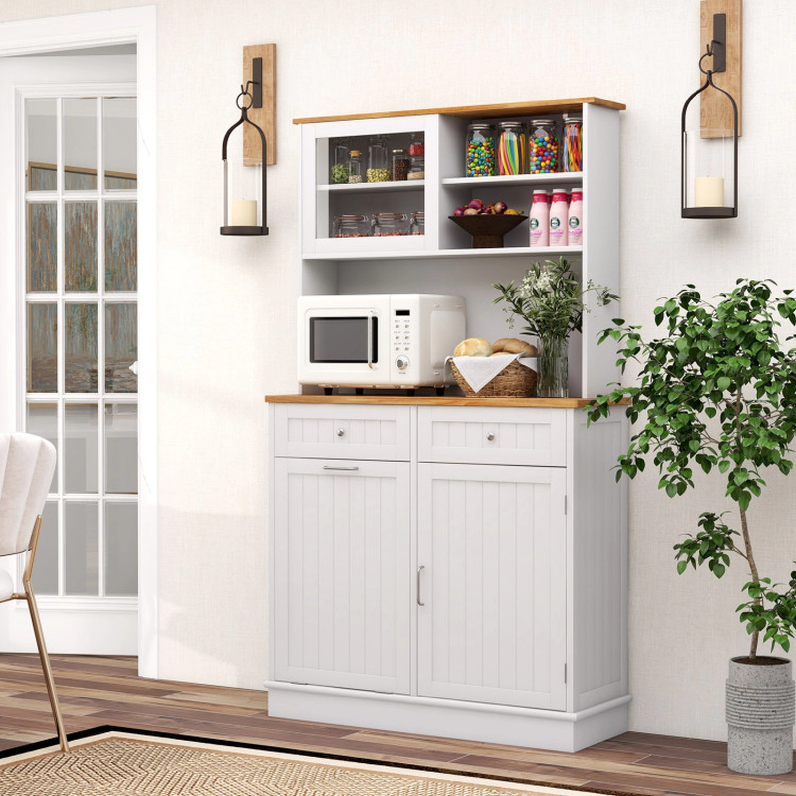 SUGIFT 39.5-in 300-lb Capacity Double Tilt Out Trash Can Cabinet with Hutch Rubber Wood Countertop and 2 Drawers