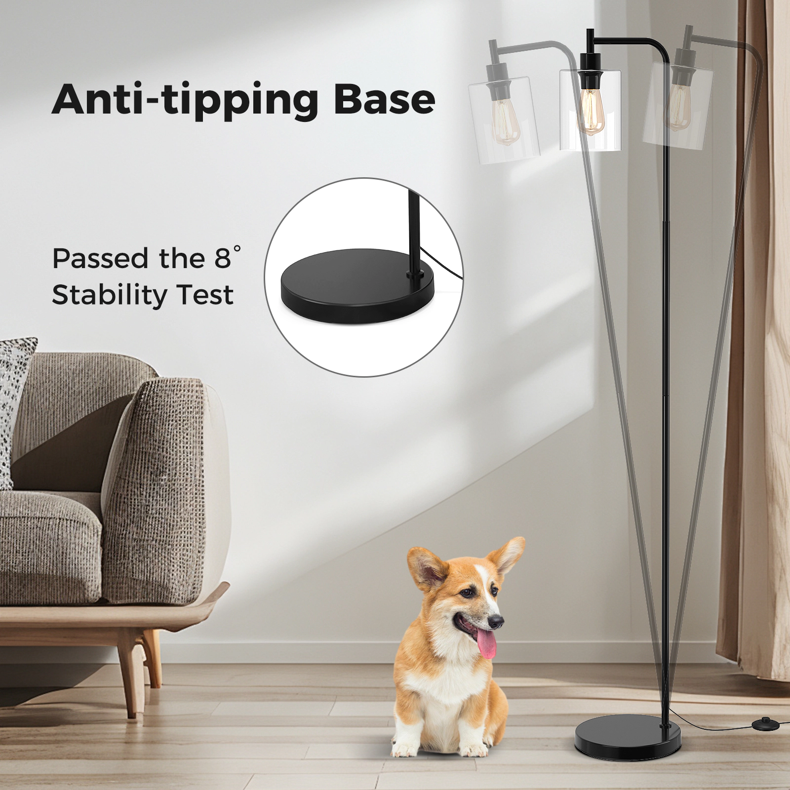 SUGIFT Modern Metal Floor Lamp with Hanging Glass Lampshade and Foot Switch 66-in Tall E26 Socket Black and Gold