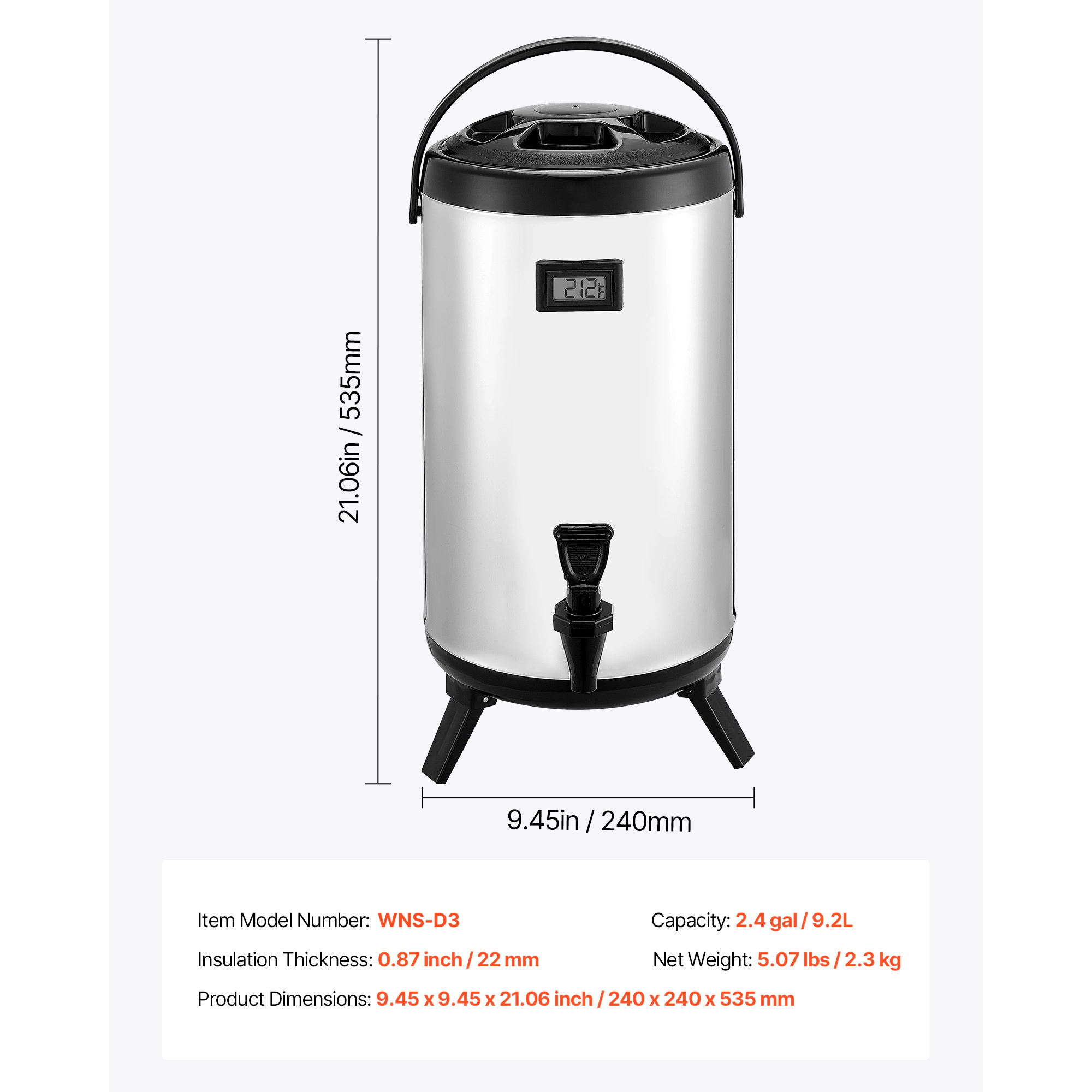 HONGGE Insulated Beverage Dispenser / Stainless Steel Thermal Drink Server with Spigot & Temp Display Suitable for Hot