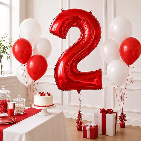 LoonBalloon Red Number 2 Foil Balloon Set with 8 Red and White Latex ...
