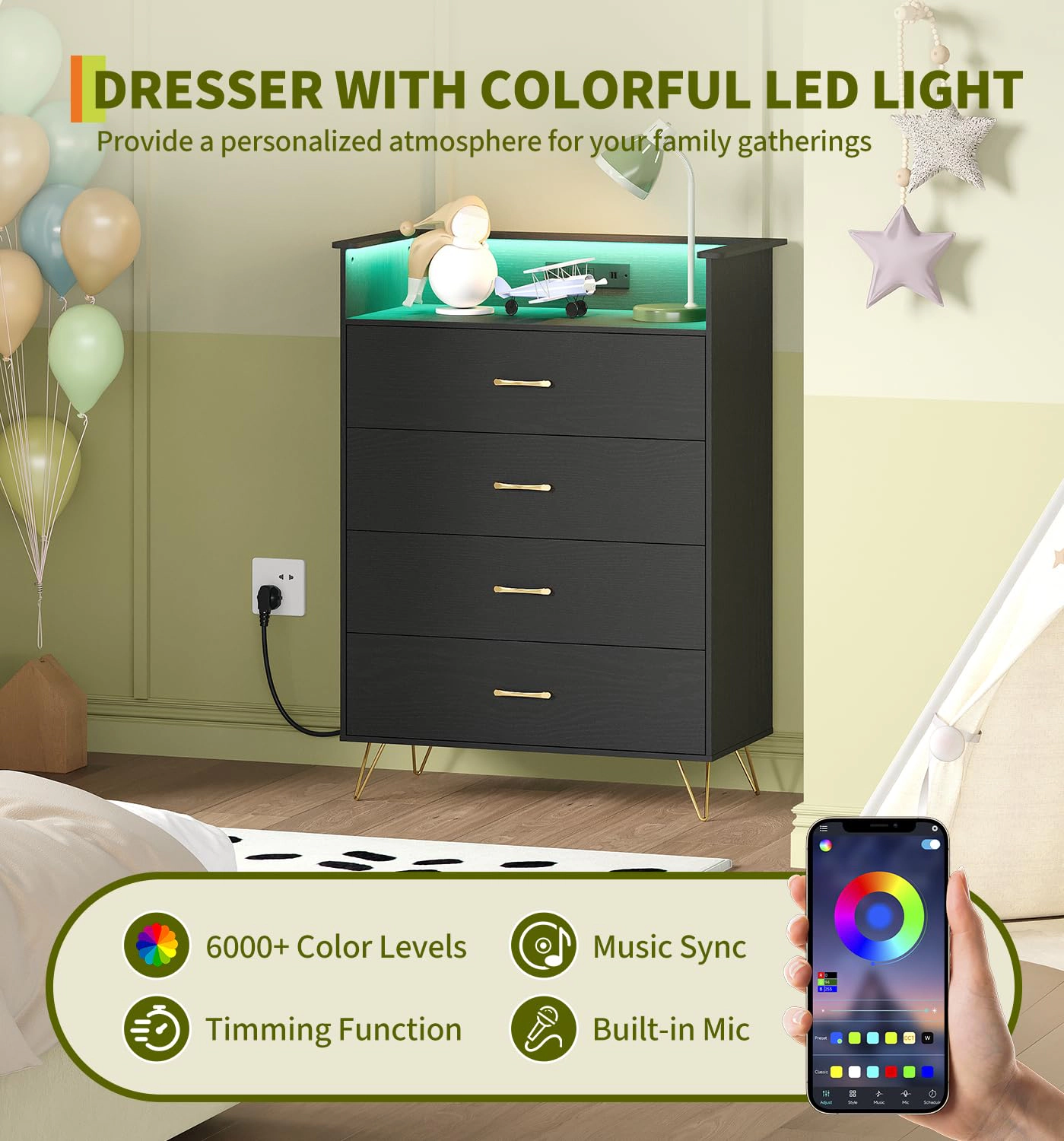 4 Drawer Dresser with Power Outlets & RGB LED Lights, Tall Modern Wood Storage Chest App Control