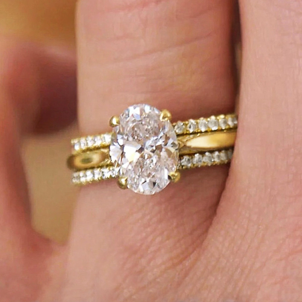3 Piece Oval CZ with Micro Pave Bands Ring Set for Women