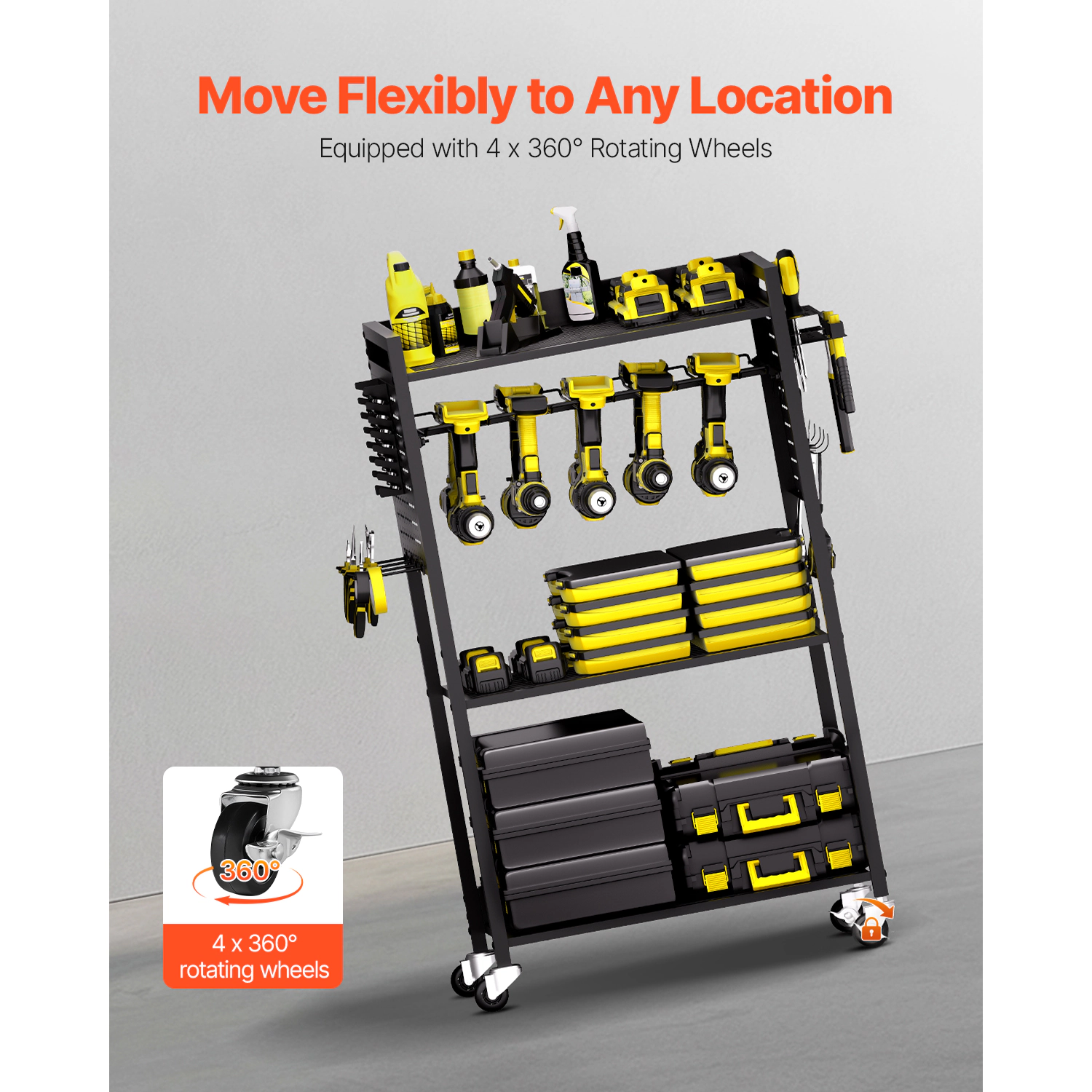 HONGGE 4-Tier Tool Organizer Cart with 10-Slot Drill Holder, 150 lbs Capacity, Rolling Steel Rack, Black