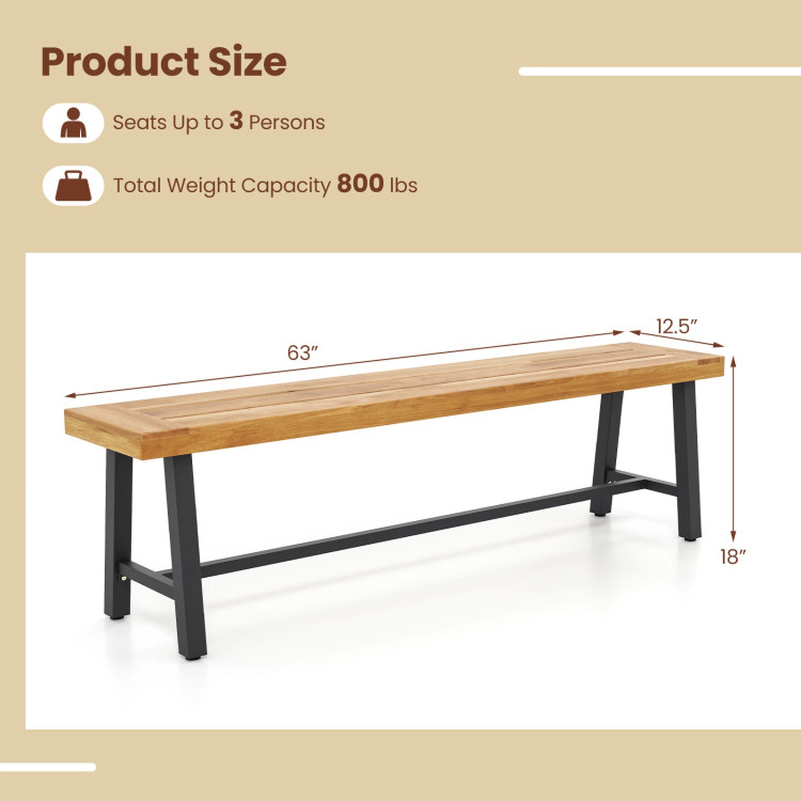 SUGIFT 63-Inch Natural Acacia Wood Outdoor Bench, 3-Seat Backless Design, 800-Lb Capacity