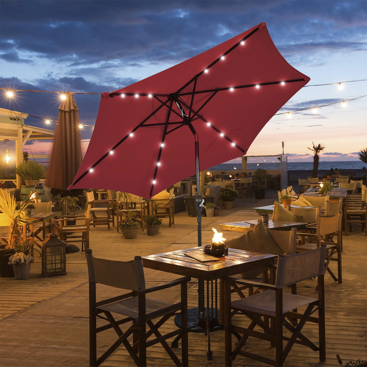 SUGIFT 9-ft Solar LED Lighted Patio Market Umbrella with Crank Lift and Tilt 6-Rib 18-Light Canopy Dark Red