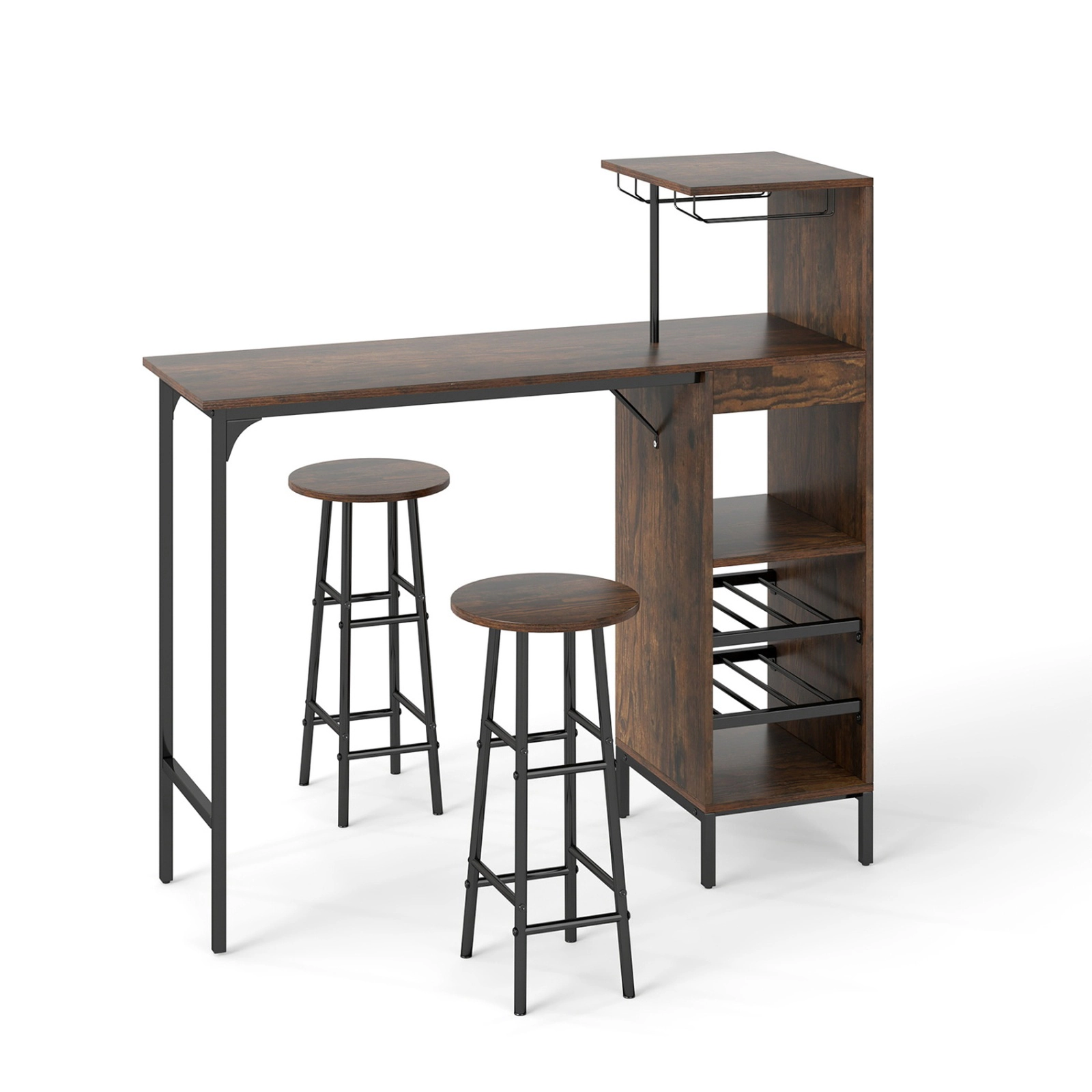 SUGIFT Bar Table and Chairs Set with Storage Shelf 400-Lb Table Capacity 330-Lb Stool Capacity Rustic Brown