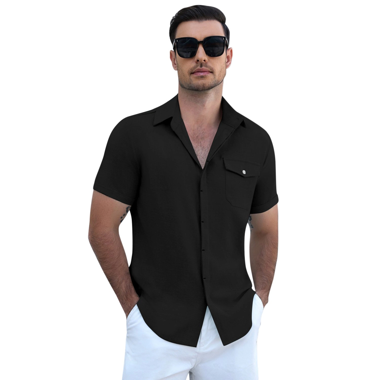 COOFANDY Mens Casual Short Sleeve Shirts  Lapel Collar Pocket Button Down Top