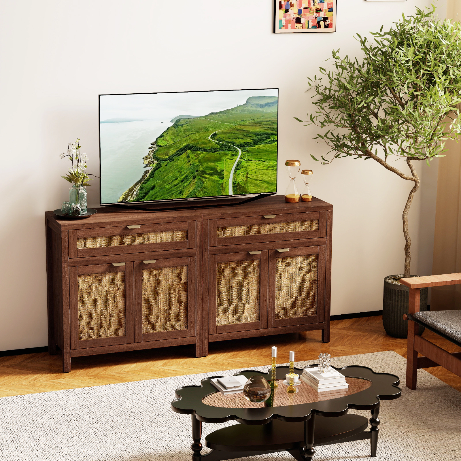SUGIFT Sideboard Storage Cabinet with Rattan Doors and Drawer 155-lb Countertop Capacity 31-in Wide Brown Natural