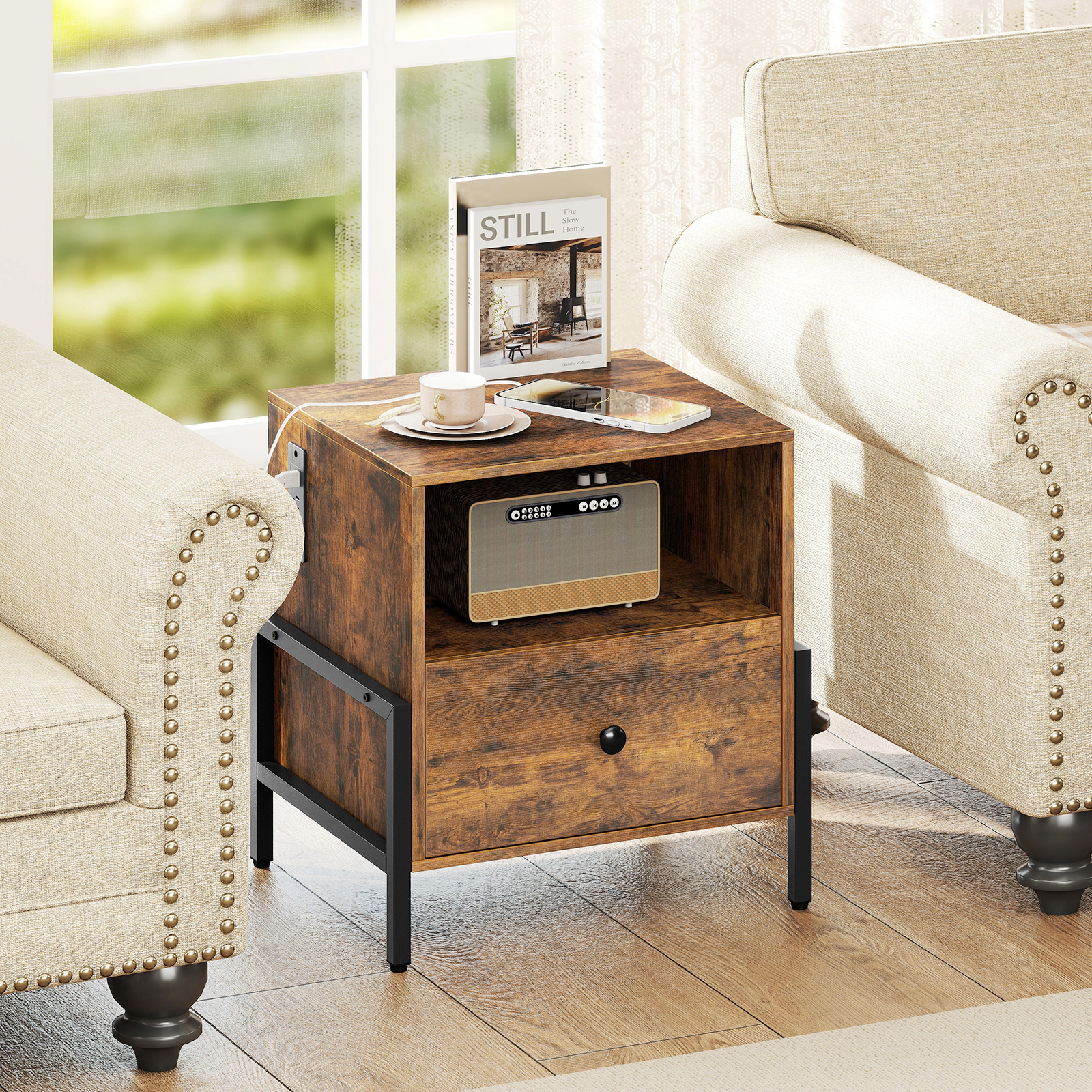 Glintex UL and ETL Certified Nightstand with Side-Mounted Charging Station, Rustic Brown