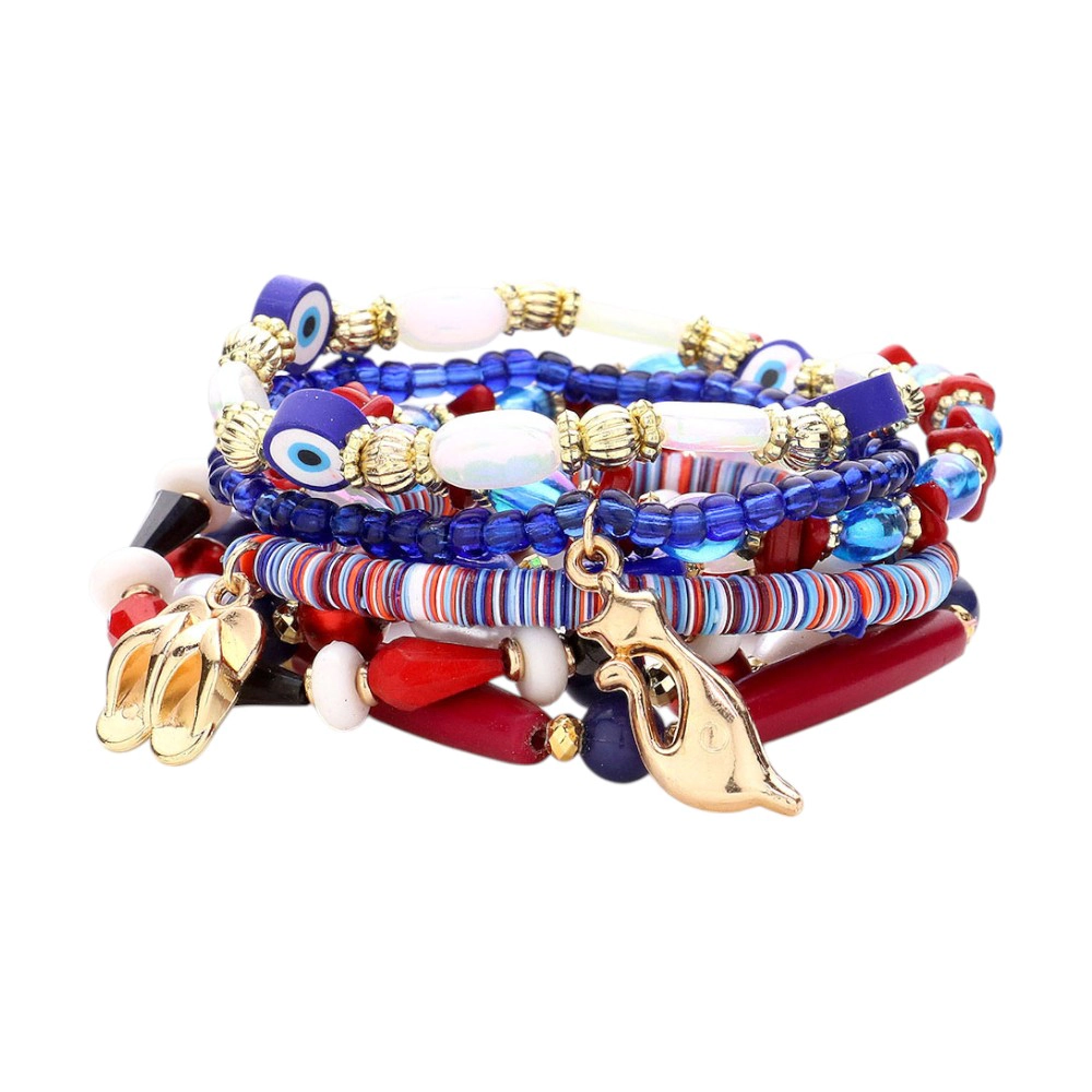 FASHNZFAB 8PCS - Metal Flip Flops Leaf Cat Charm Evil Eye Pointed Various Beads Beaded Stretch Multi Layered Bracelet