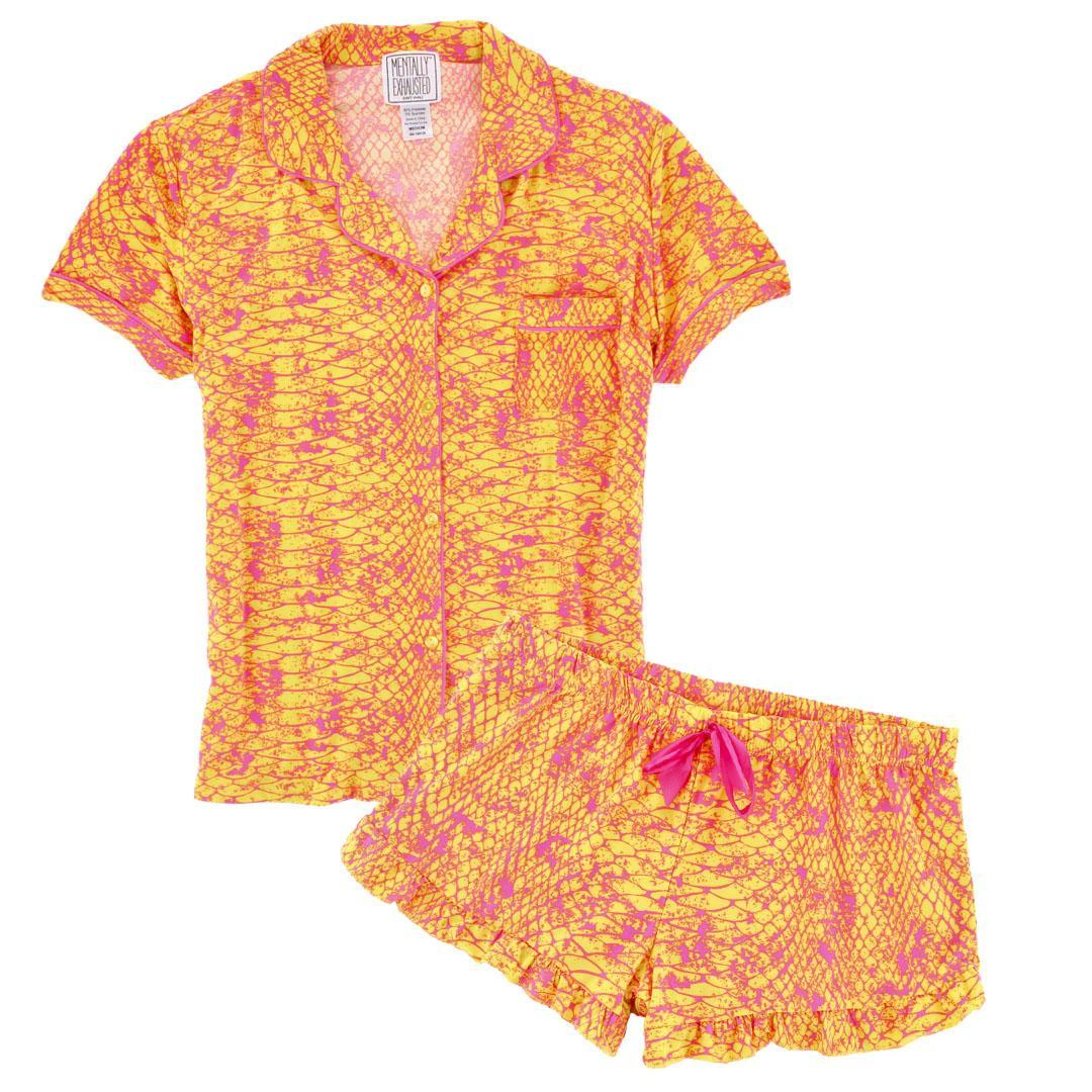 Mentally Exhausted Women's Snakeskin Print Short Pajama Set