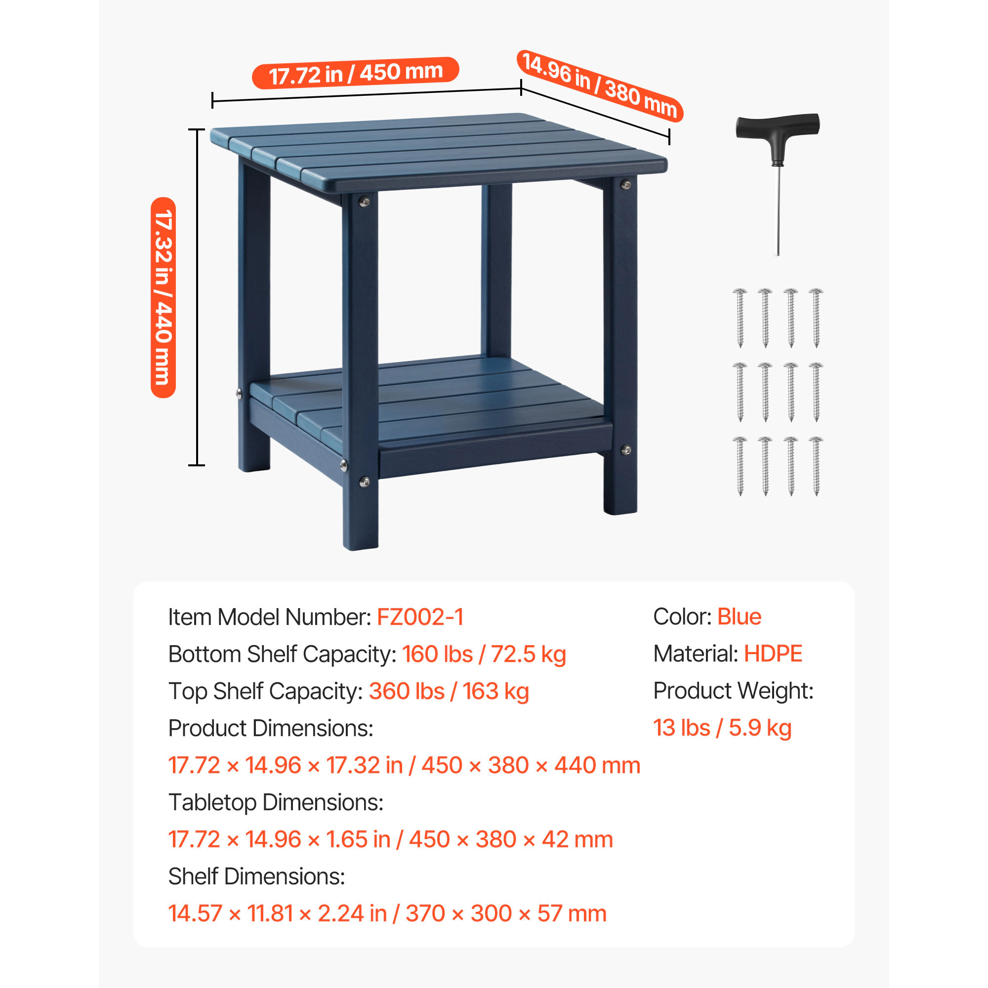 HONGGE HDPE Outdoor Side Table, 17.7 x 15 x 17.3 In, Weather-Resistant Blue End Table for Patio, Pool, Backyard