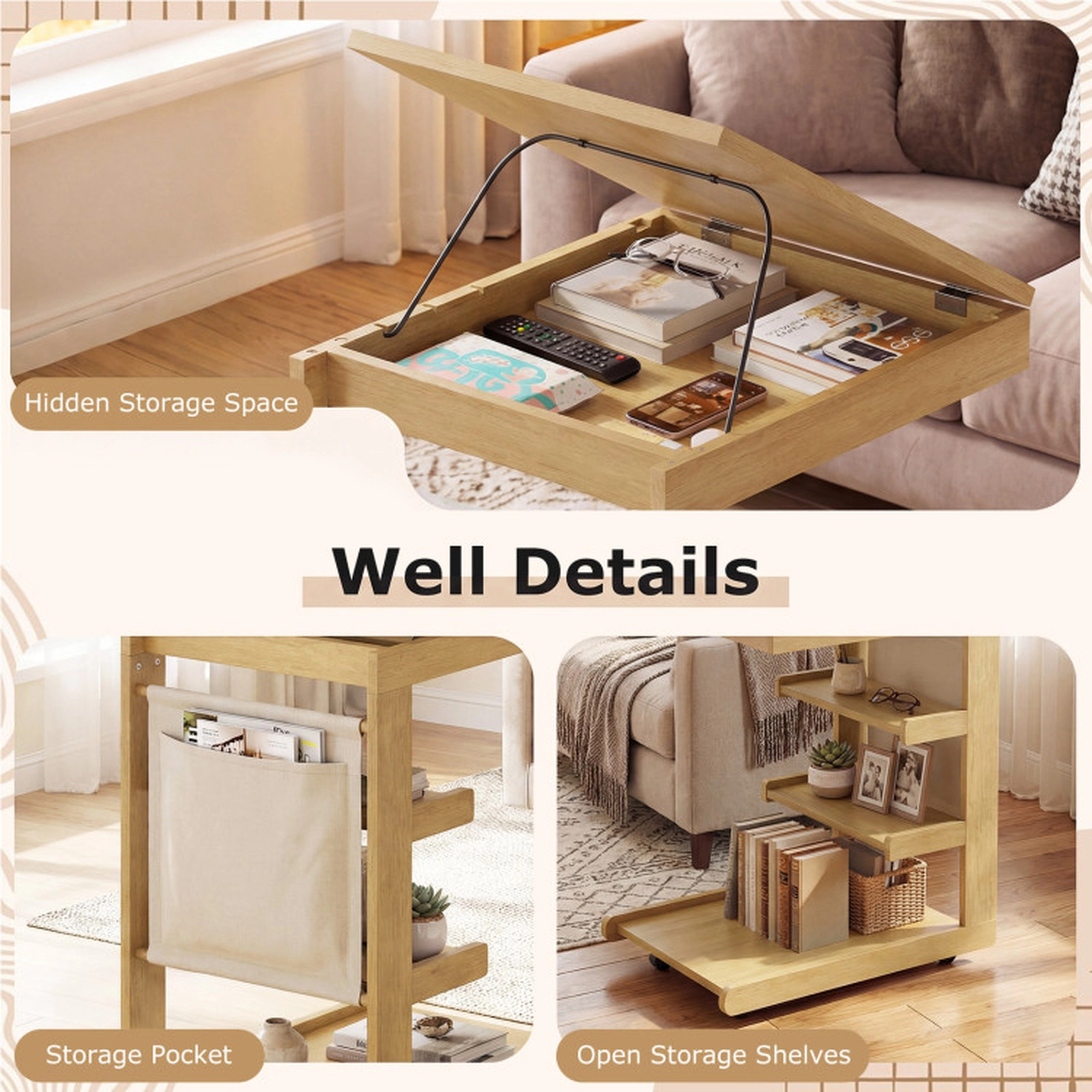 SUGIFT Adjustable Desktop C-Shaped End Table with Hidden Storage 210-lb Capacity Rolling Side Table Natural Brown White