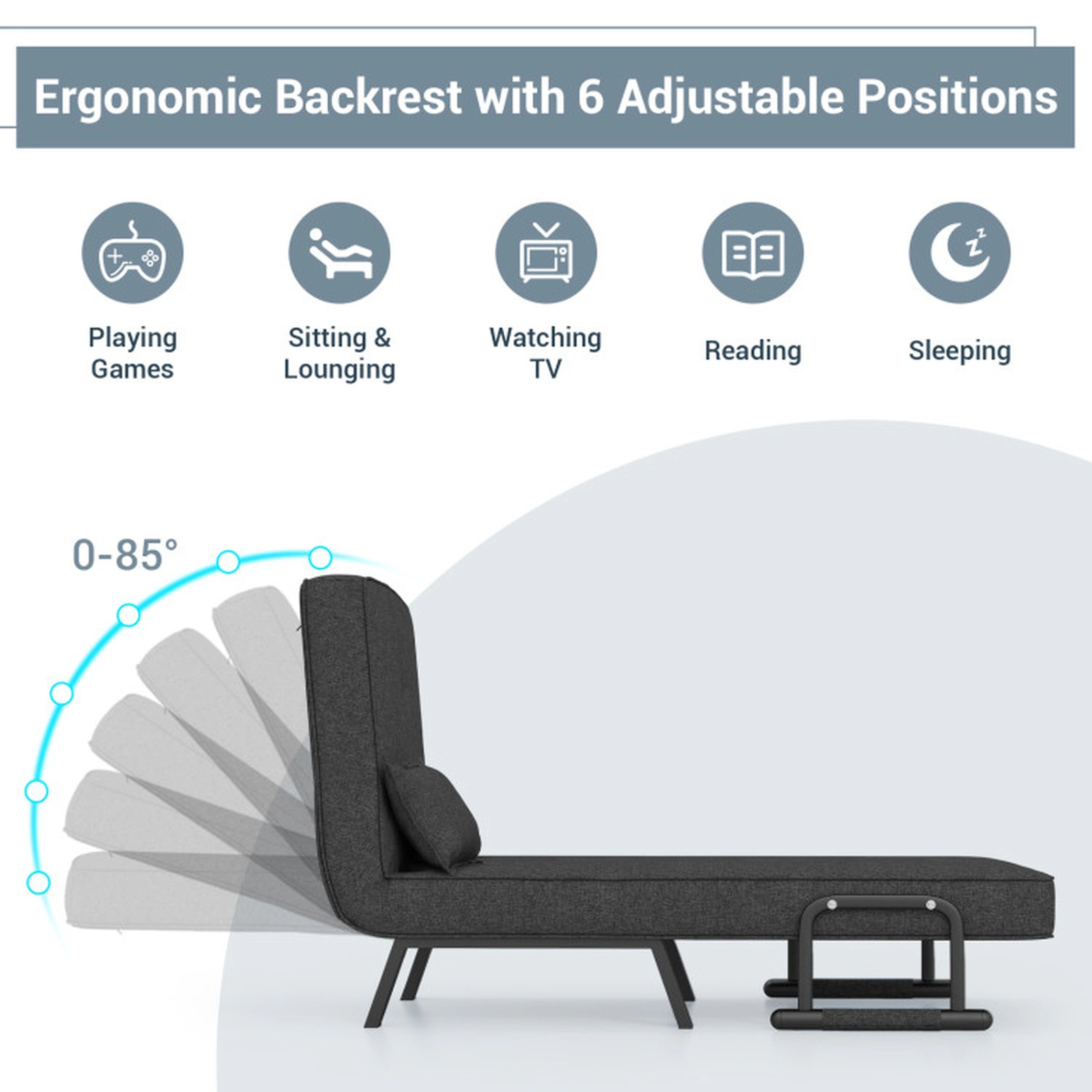 SUGIFT 3-in-1 6-Position Linen Convertible Sleeper Bed Armchair 72.5-in Long 330-lb Capacity 16-in Seat Height Gray