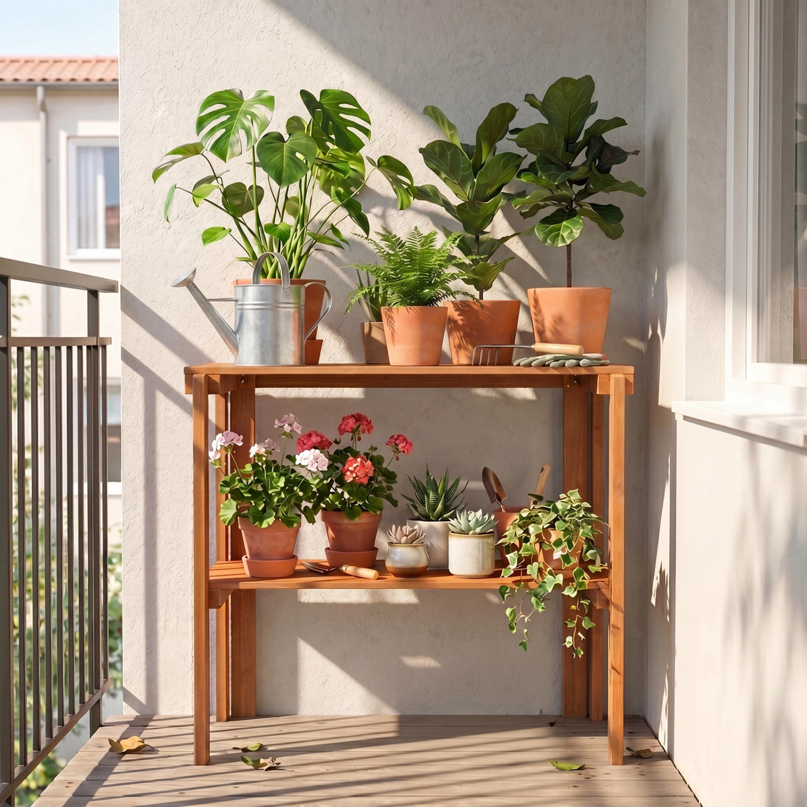 SUGIFT 2-Tier Folding Wooden Storage Shelves 22-lb Capacity per Shelf Plant Stand 29 x 13 x 24 in Natural