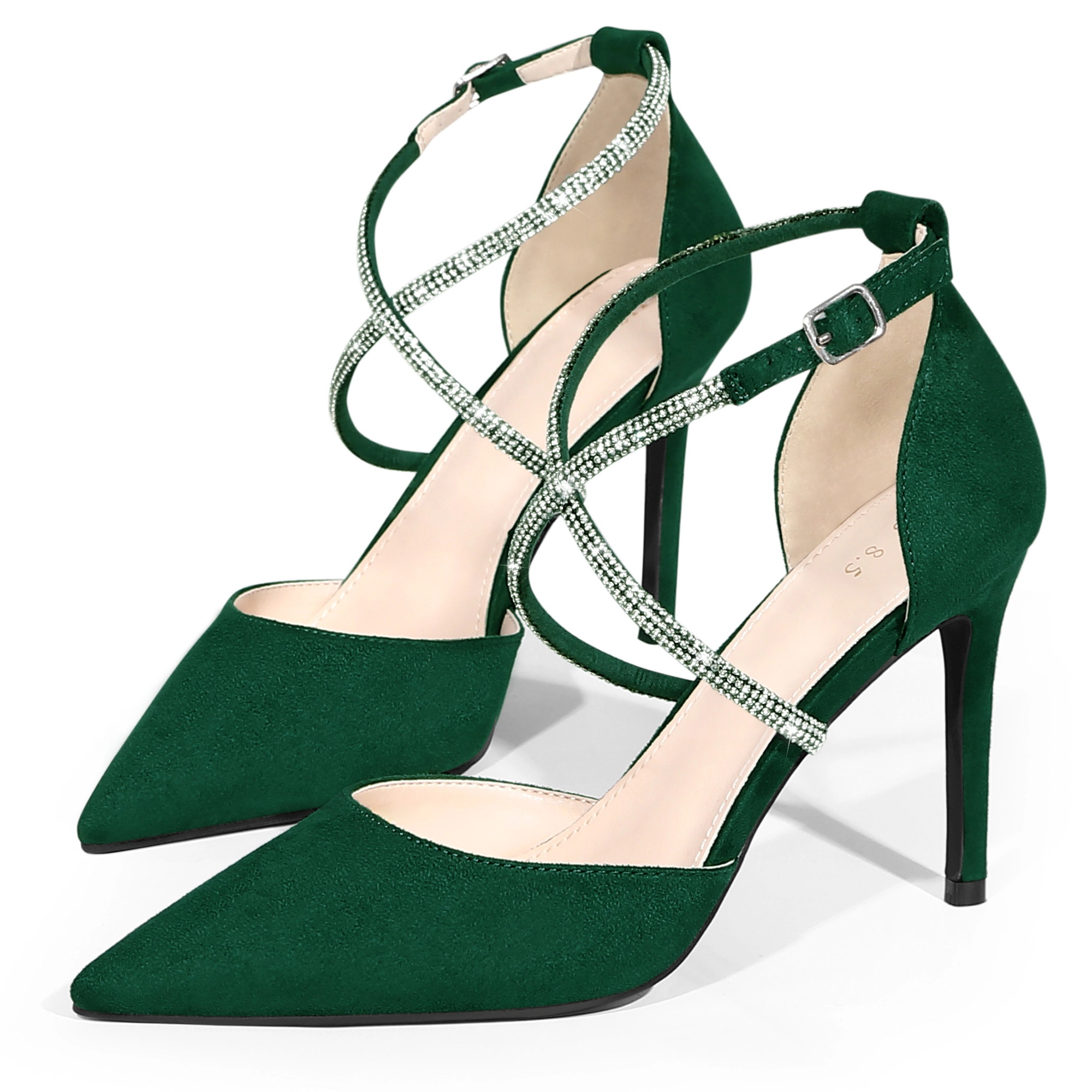 BLISSFUL STEP Pointed Toe Crisscross Rhinestone Ankle Strap Stiletto Heel Pumps