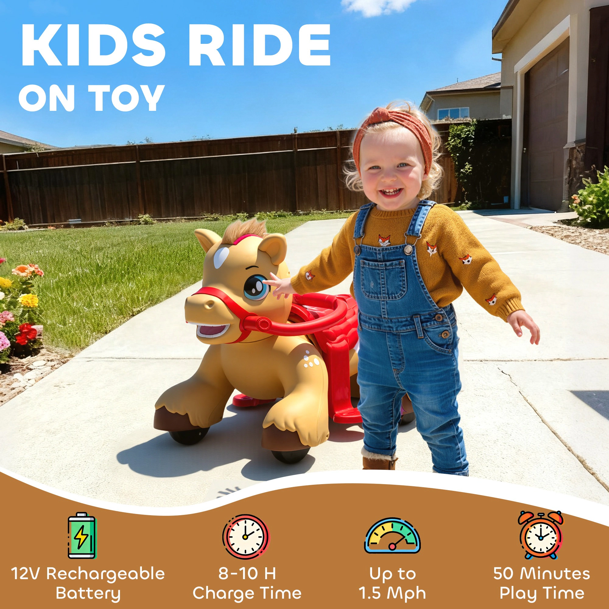 HONGGE Ride On Horse Toy, 12V Battery Powered Ride-On with Sound, Carrot Feeding Play, Foot Pedal, Brown