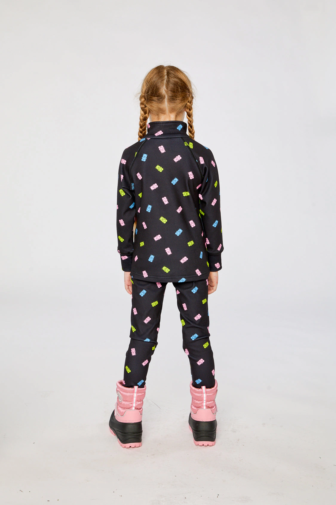 Deux par Girls Two Piece Half-Zip Thermal Underwear Top and Pants Set with Printed Gummy Bears
