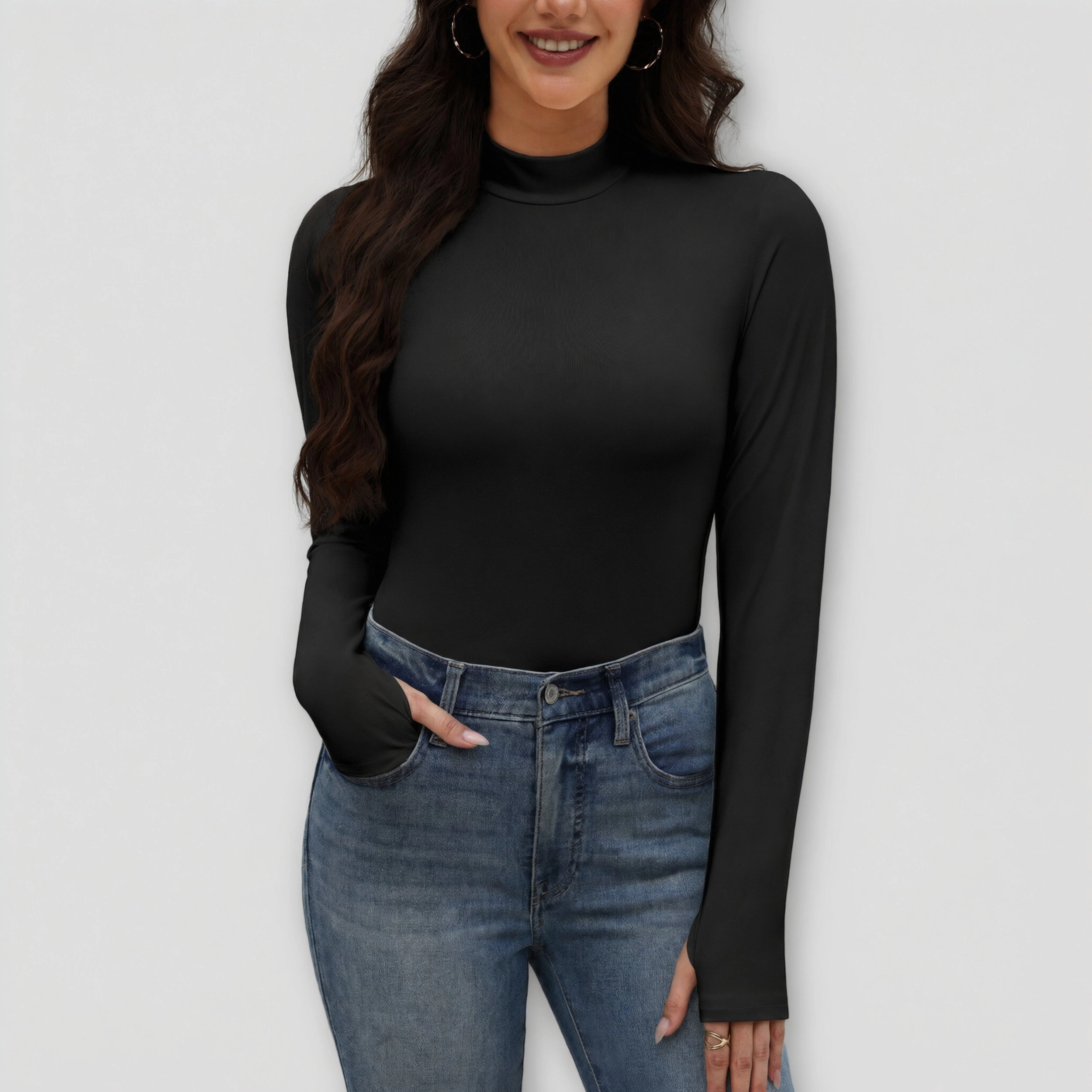 Ekouaer Women's Mock Neck Long Sleeve Thermal Base Layer Top with Thumbholes